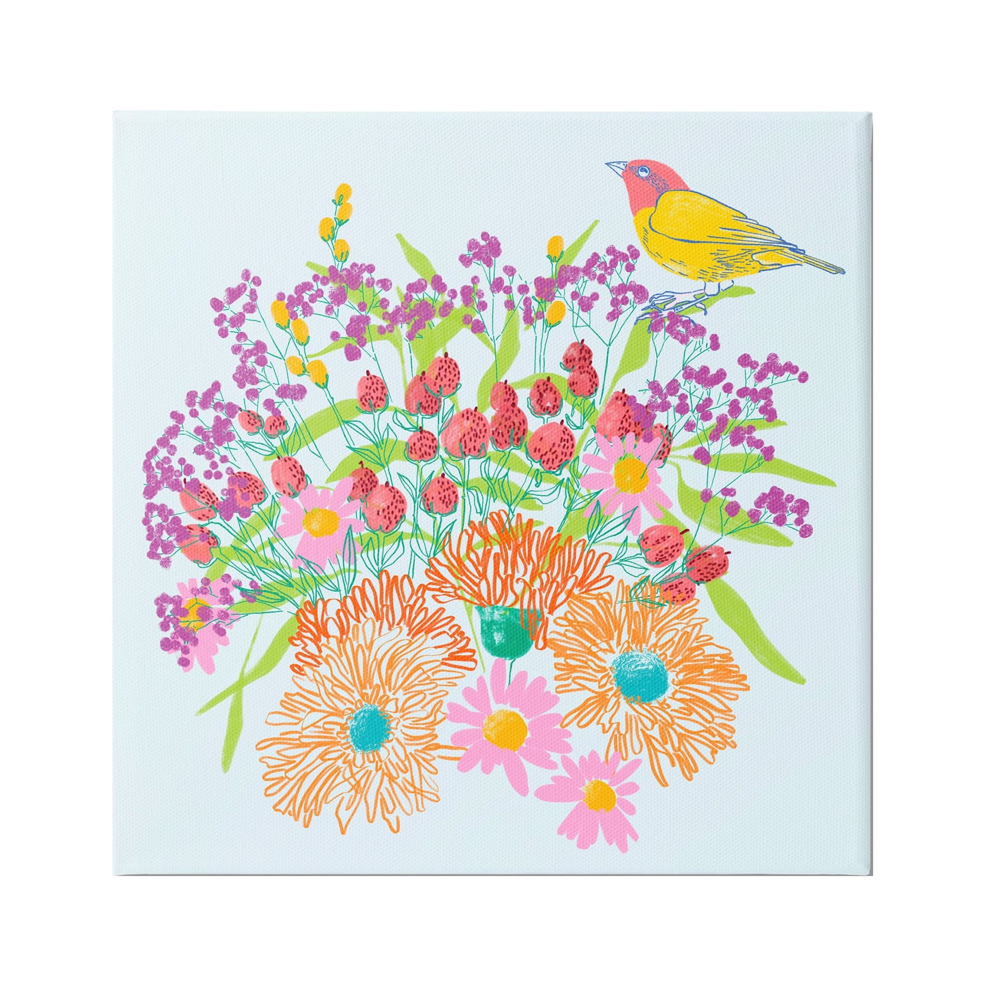 Stupell Industries Summer Bird & Florals Botanical & Floral Painting Gallery Wrapped Canvas Art Print Wall Art, 30 x 30