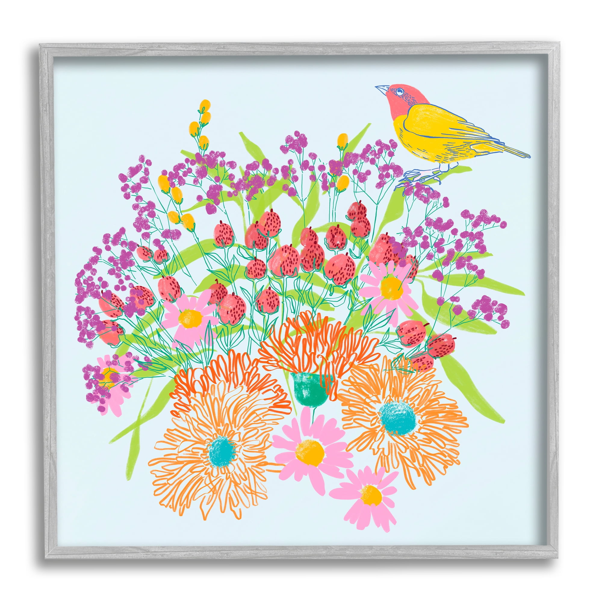 Stupell Industries Summer Bird & Florals Botanical & Floral Painting Gray Framed Art Print Wall Art, 17 x 17