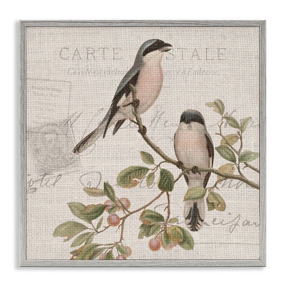 Stupell Industries Farmhouse Summer Birds Tree Branch Antique European Postal Pattern Gray Framed Giclee Art, 17 x 17, by Kim Allen