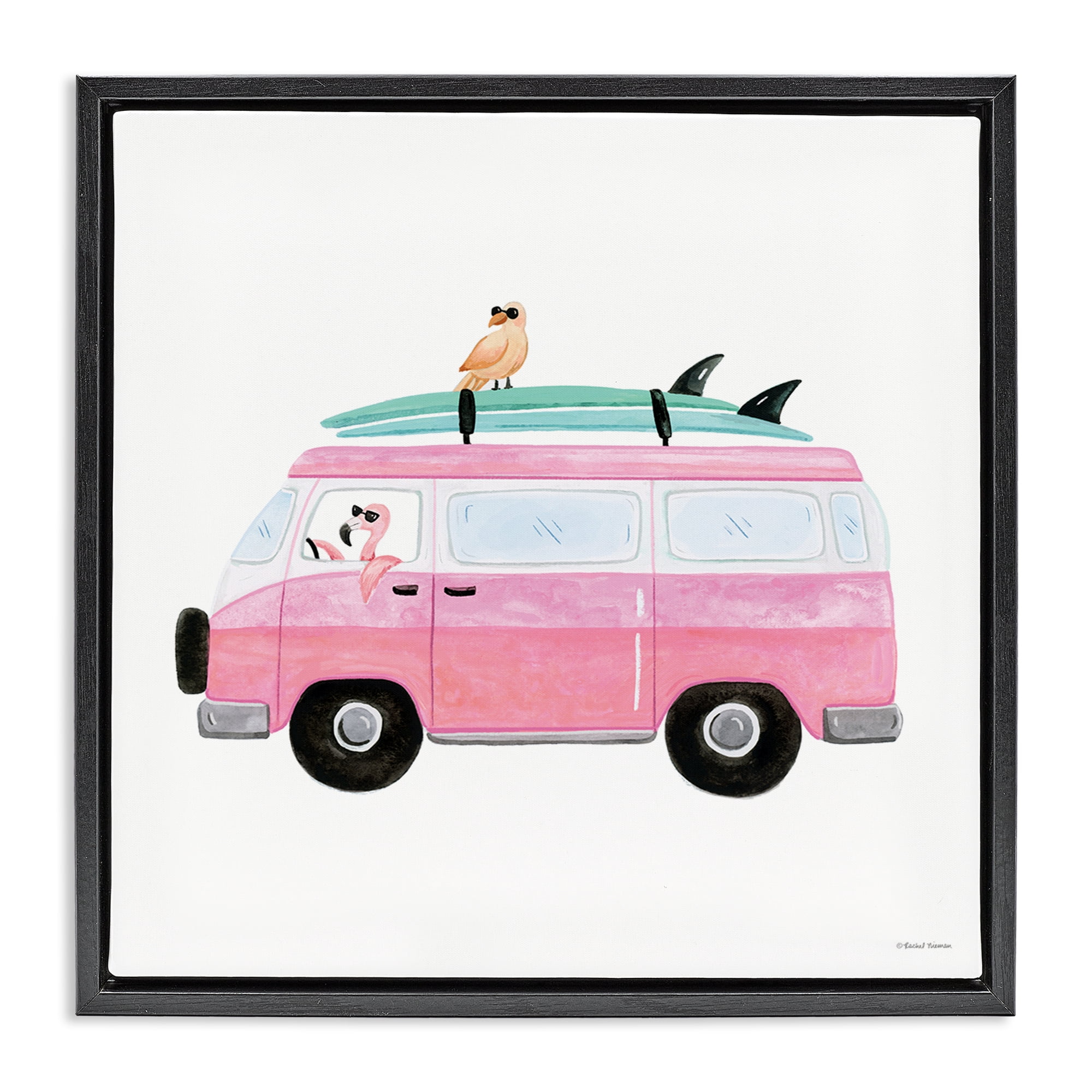 Stupell Industries Summer Birds & Van Transportation Painting Black Floater Framed Canvas Art Print Wall Art, 18 x 18
