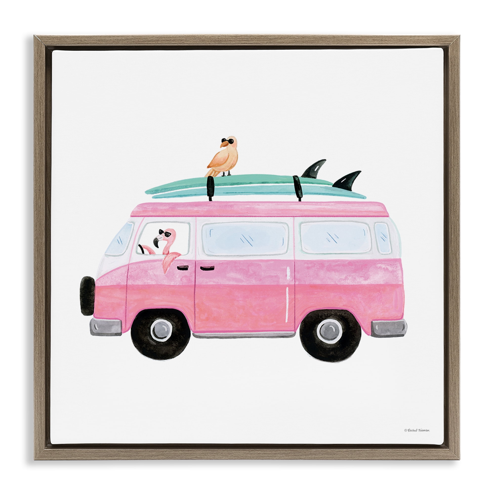 Stupell Industries Summer Birds & Van Transportation Painting Brown Floater Framed Canvas Art Print Wall Art, 18 x 18