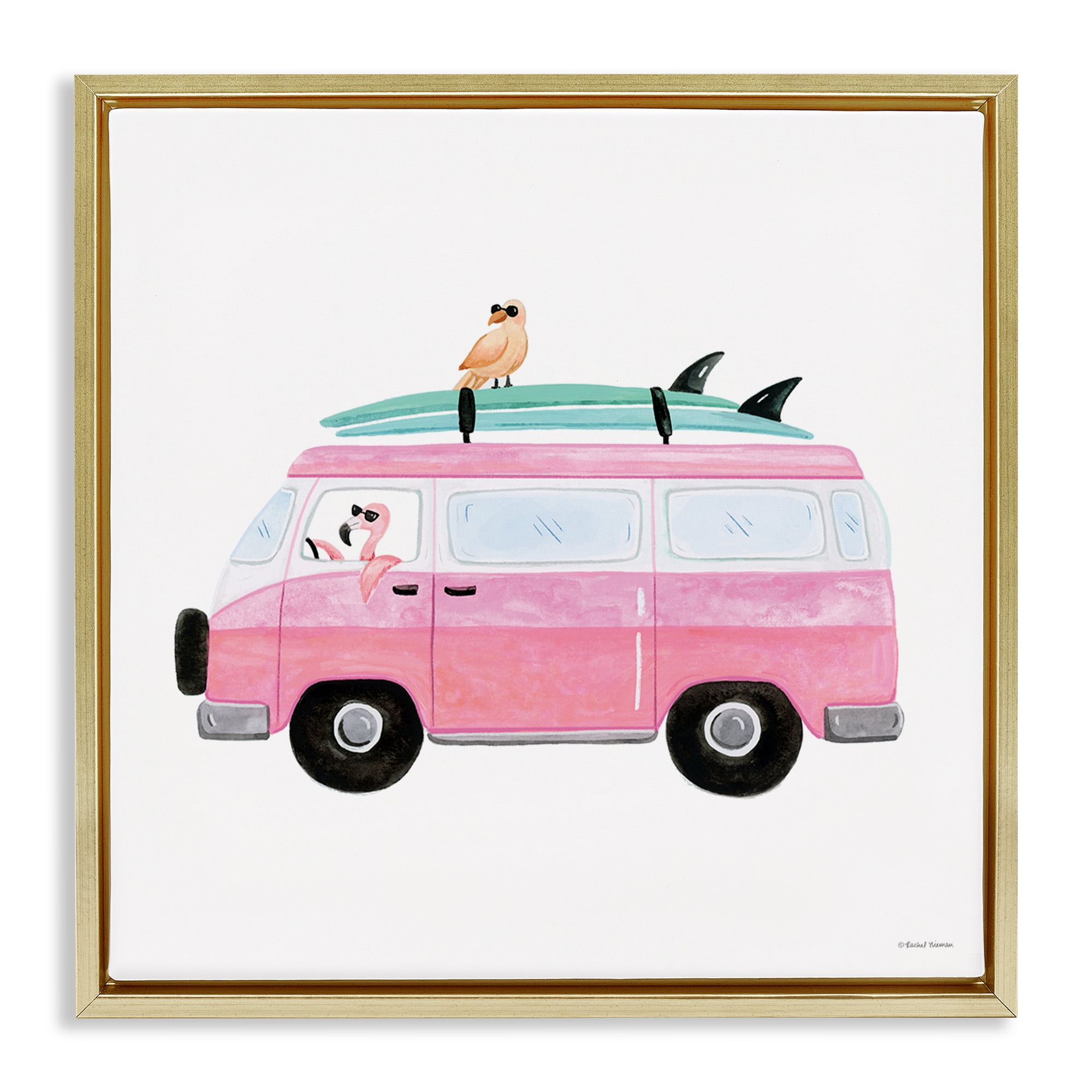 Stupell Industries Summer Birds & Van Transportation Painting Gold Floater Framed Canvas Art Print Wall Art, 18 x 18