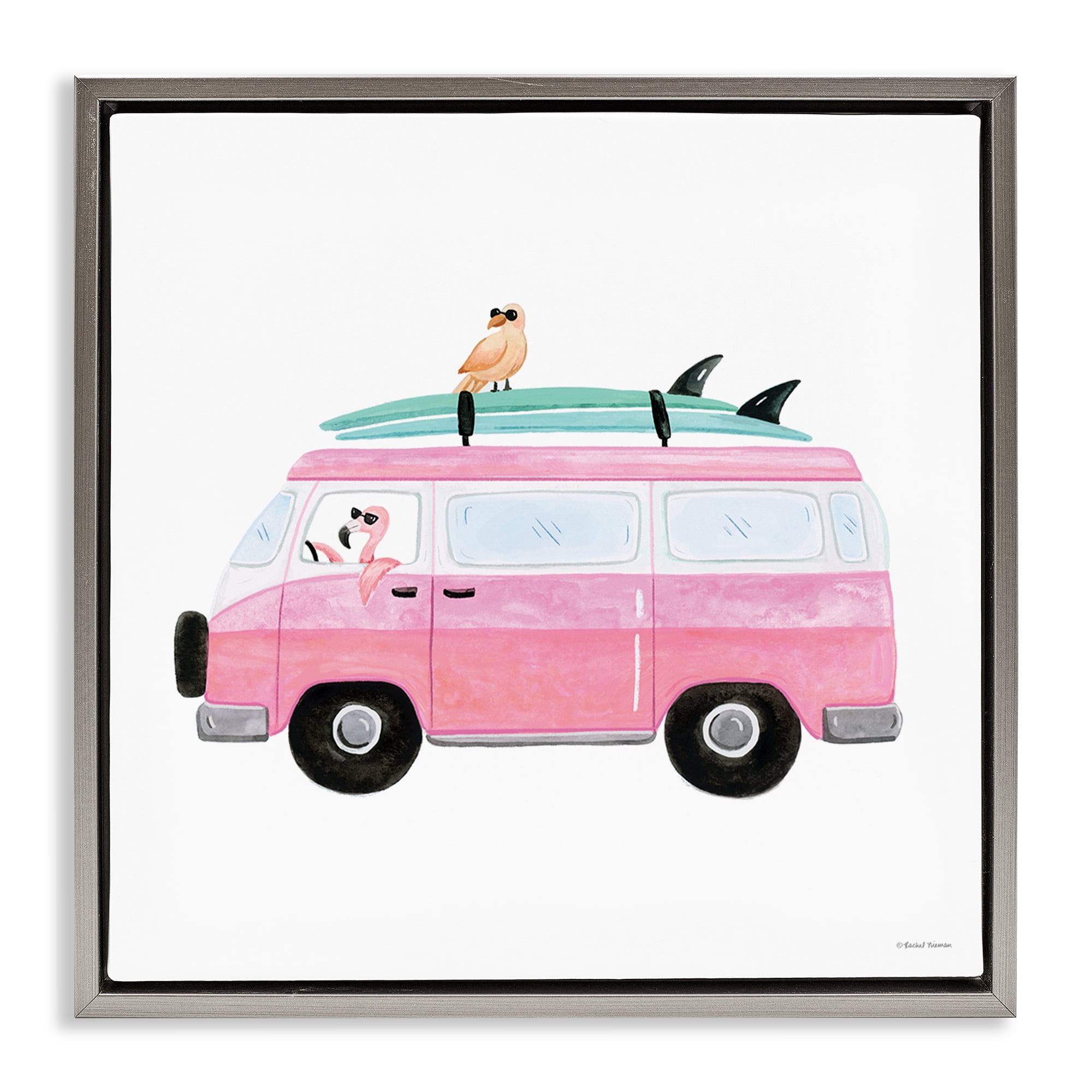 Stupell Industries Summer Birds & Van Transportation Painting Gray Floater Framed Canvas Art Print Wall Art, 18 x 18