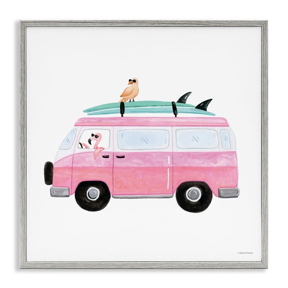 Stupell Industries Summer Birds & Van Transportation Painting Gray Framed Art Print Wall Art, 12 x 12