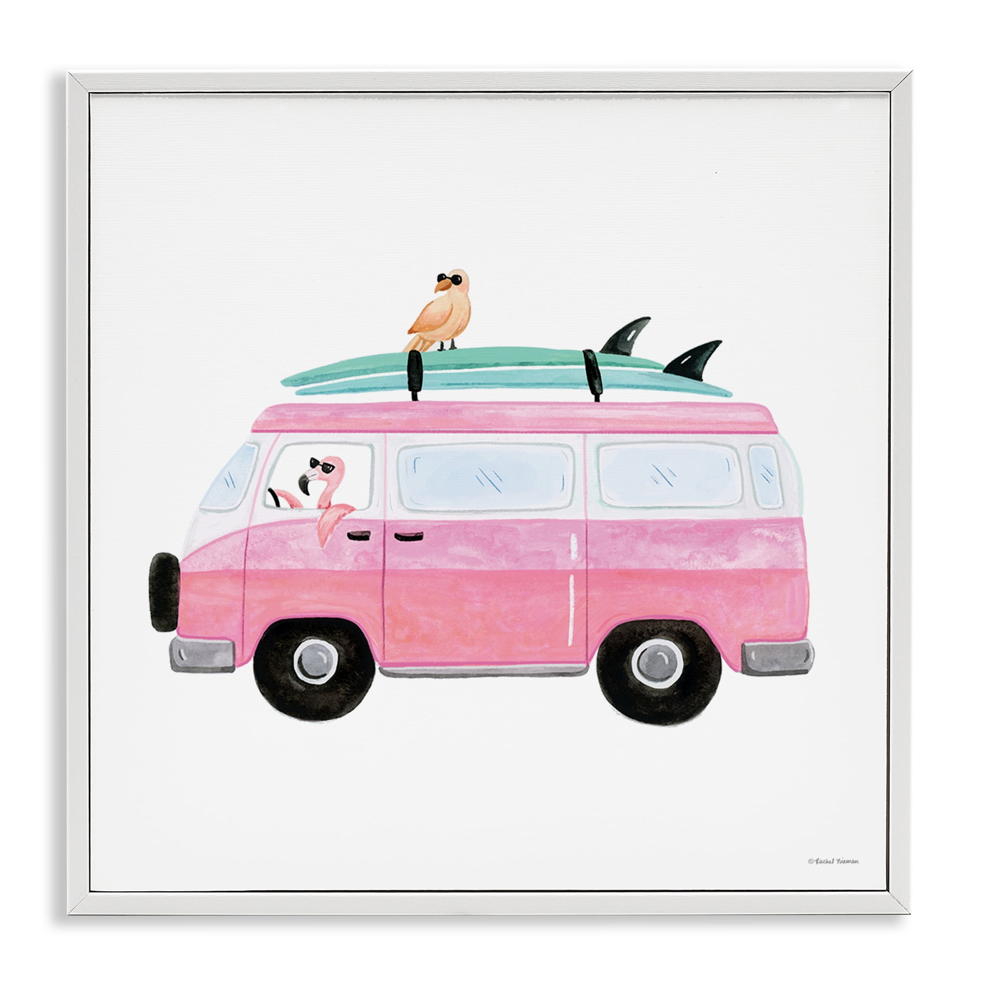 Stupell Industries Summer Birds & Van Transportation Painting White Framed Art Print Wall Art, 12 x 12