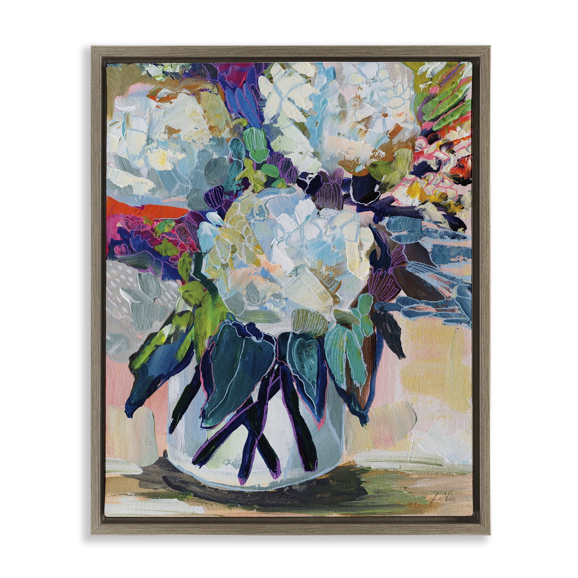 Stupell Industries Summer Blooming Bouquet Plants & Flowers Painting Brown Floater Framed Canvas Art Print Wall Art, 25 x 31