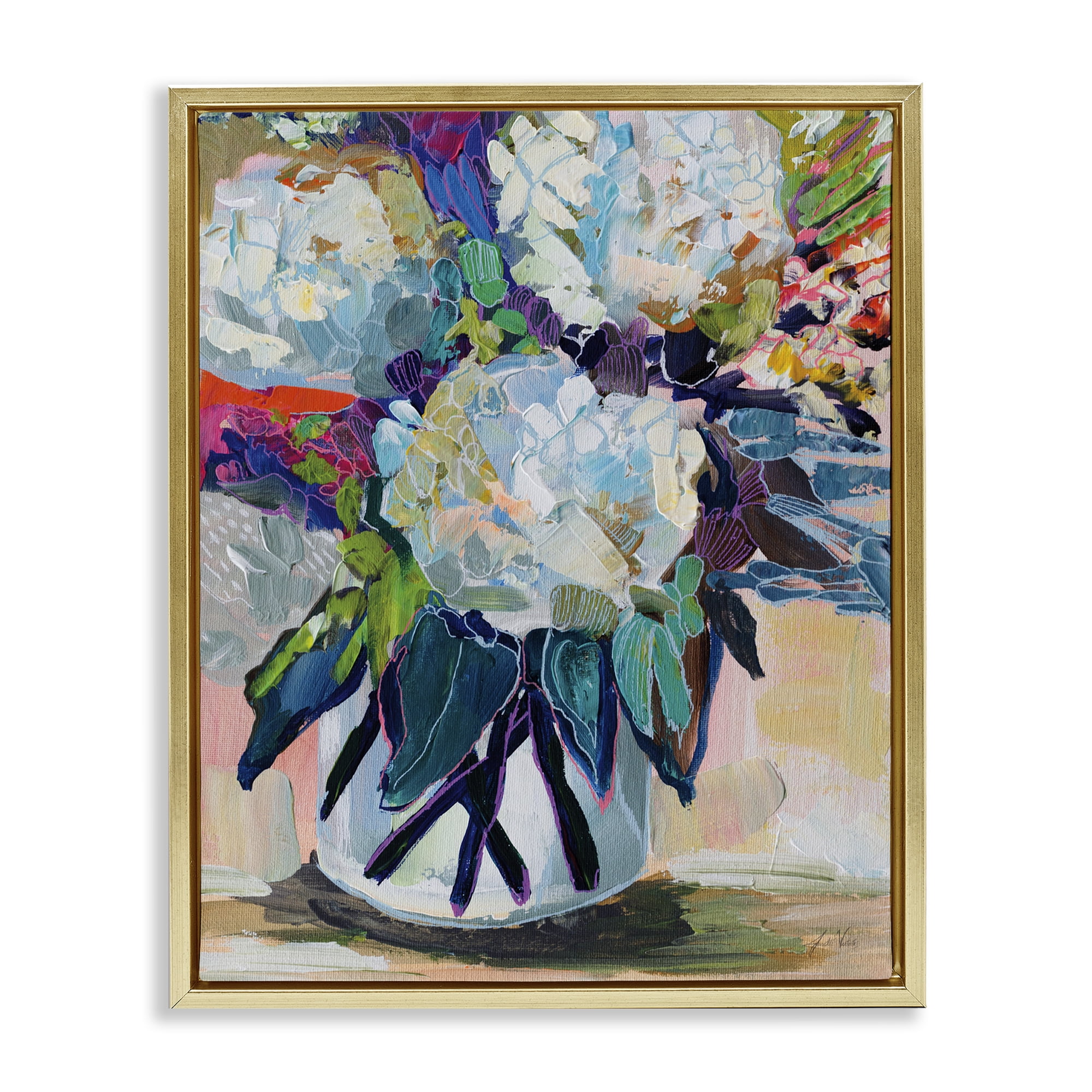 Stupell Industries Summer Blooming Bouquet Plants & Flowers Painting Gold Floater Framed Canvas Art Print Wall Art, 17 x 21