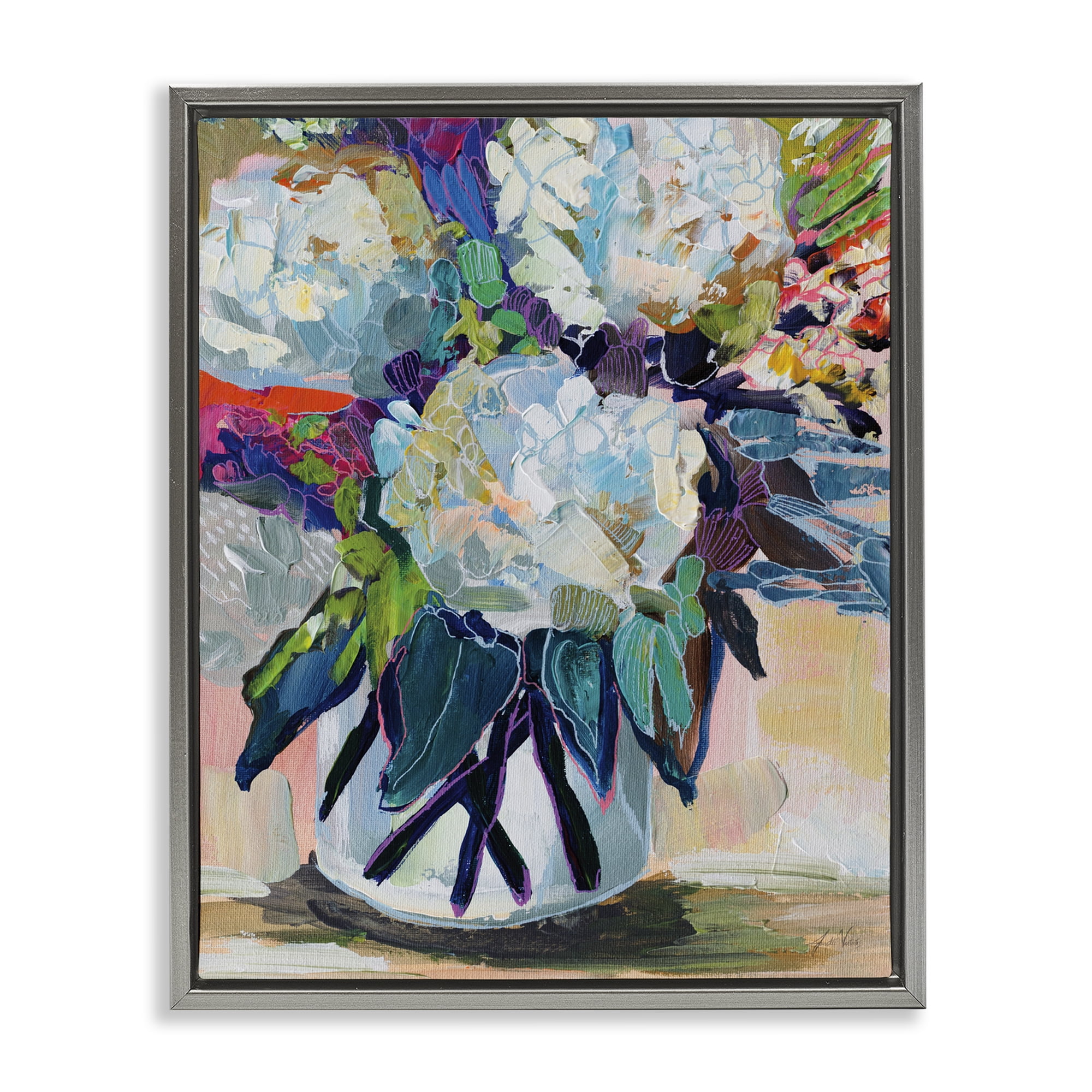 Stupell Industries Summer Blooming Bouquet Plants & Flowers Painting Gray Floater Framed Canvas Art Print Wall Art, 17 x 21