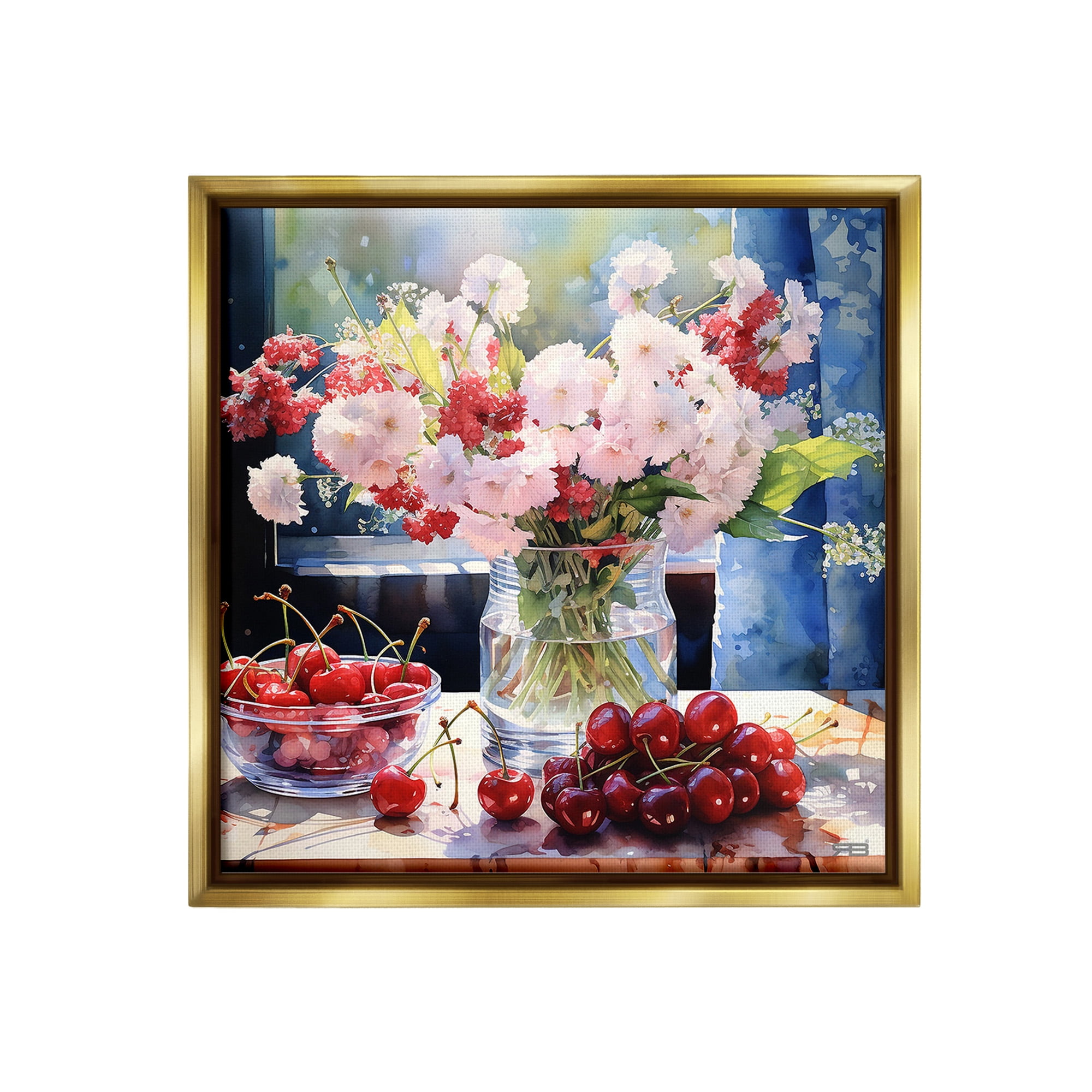 Stupell Industries Summer Blossoms & Cherries Botanical & Floral Painting Gold Floater Framed Canvas Art Print Wall Art, 18 x 18