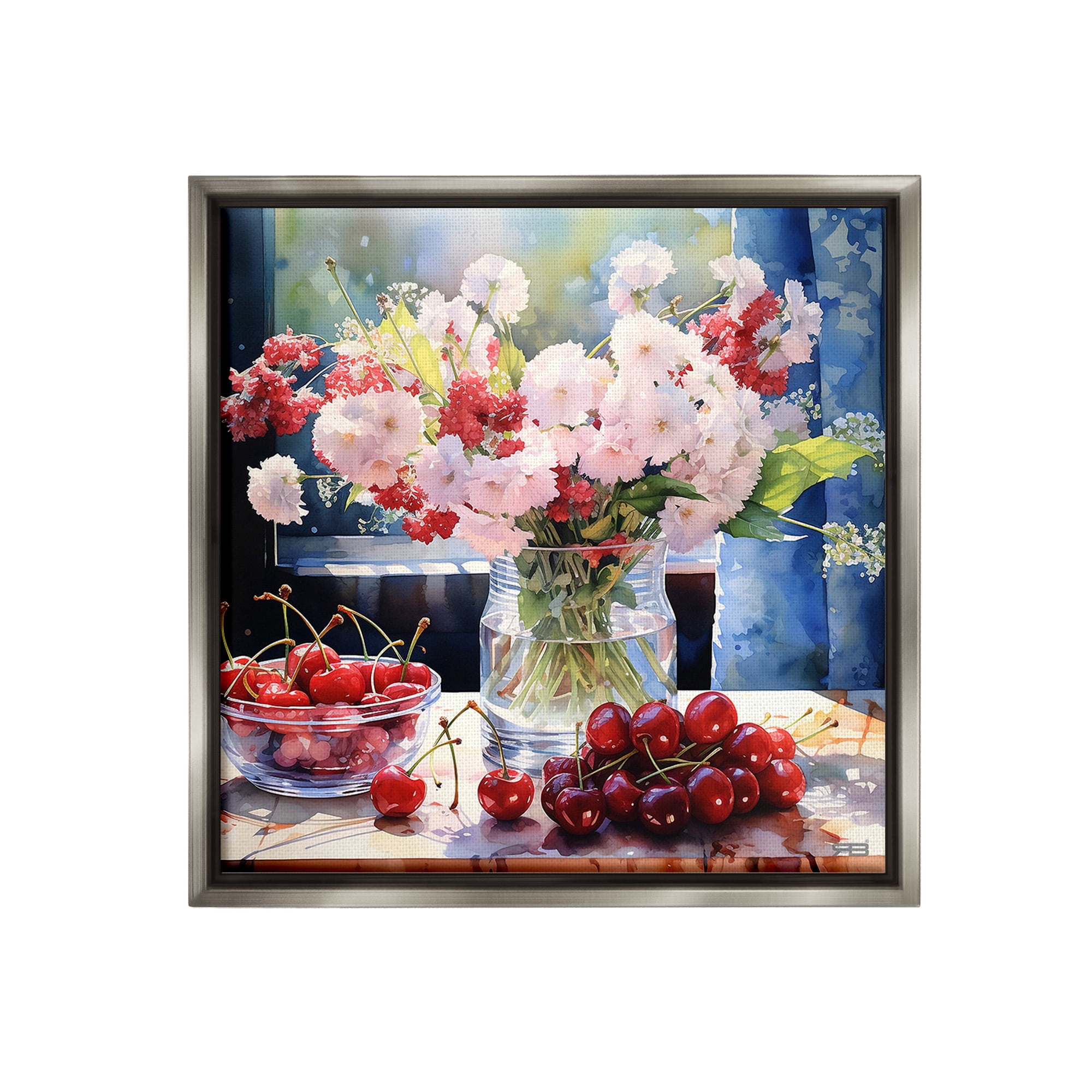 Stupell Industries Summer Blossoms & Cherries Botanical & Floral Painting Gray Floater Framed Canvas Art Print Wall Art, 18 x 18