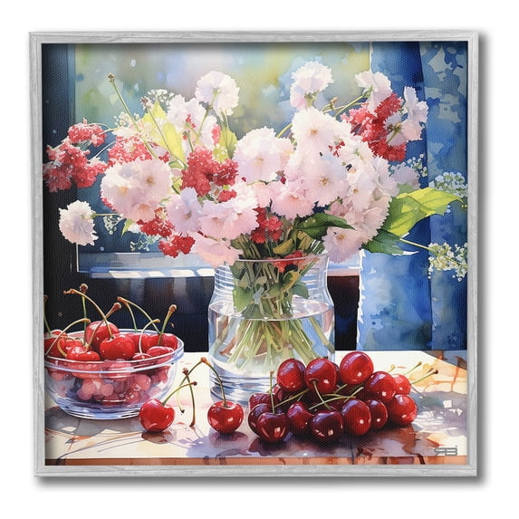 Stupell Industries Summer Blossoms & Cherries Botanical & Floral Painting Gray Framed Art Print Wall Art, 17 x 17
