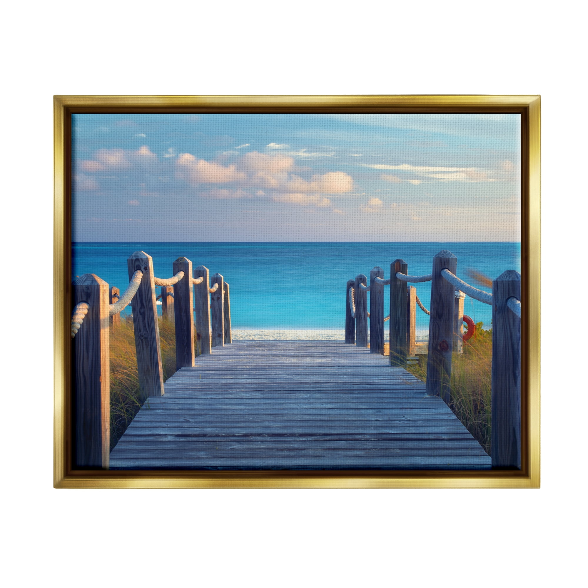 Stupell Industries Summer Boardwalk Beach View Coastal Photography Gold Floater Framed Art Print Wall Art