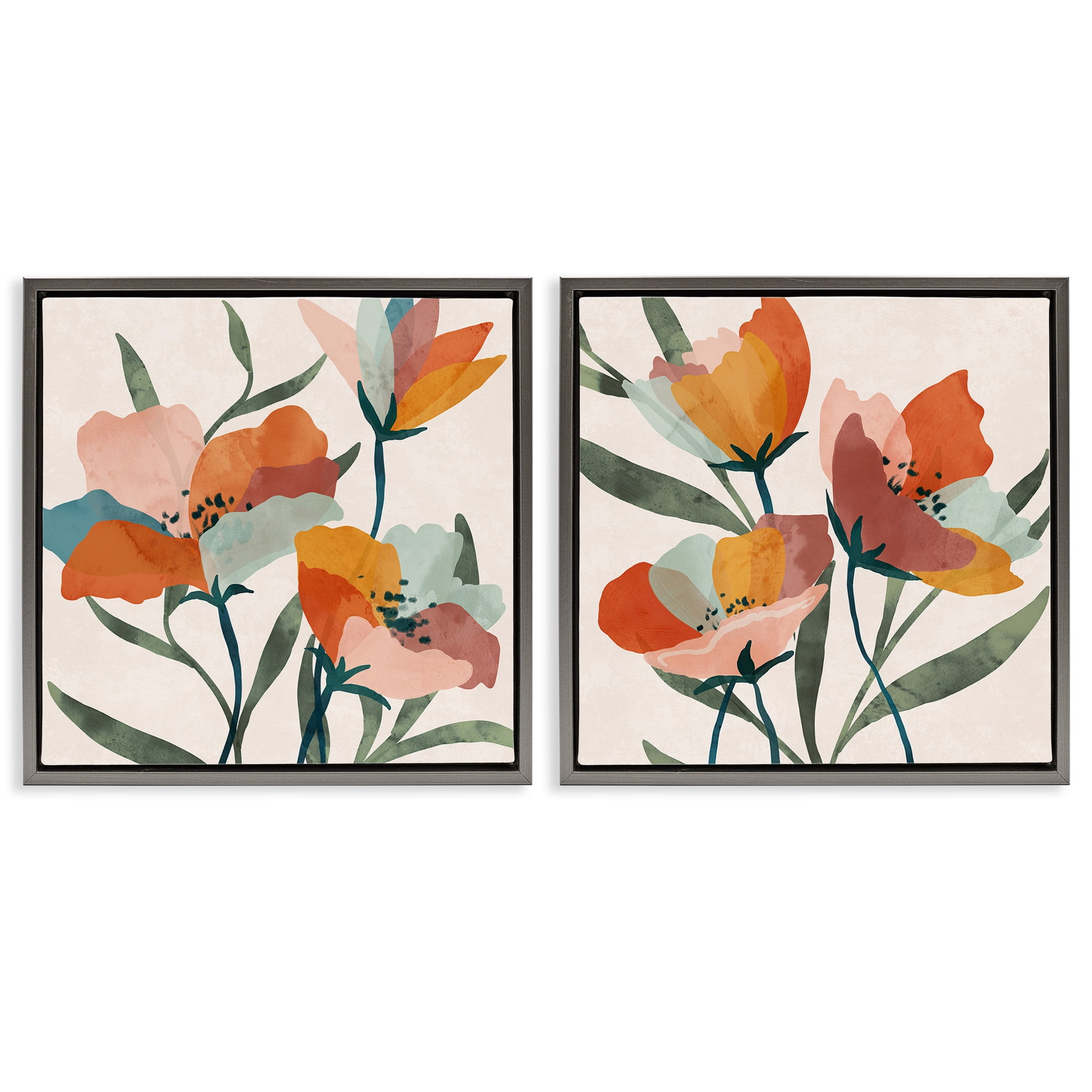 Stupell Industries Summer Bouquet Modern Abstract Botanical & Floral Painting Gray Floater Framed Canvas Art Print Wall Art, 25 x 25, Set of 2
