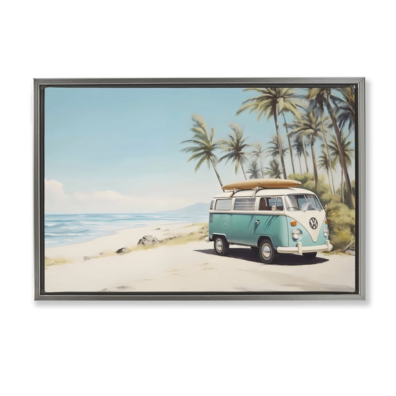 Stupell Industries Tropical Summer Bus on Shoreline Gray Floating Frame Canvas Art, 31 x 21, by Arlington Prints