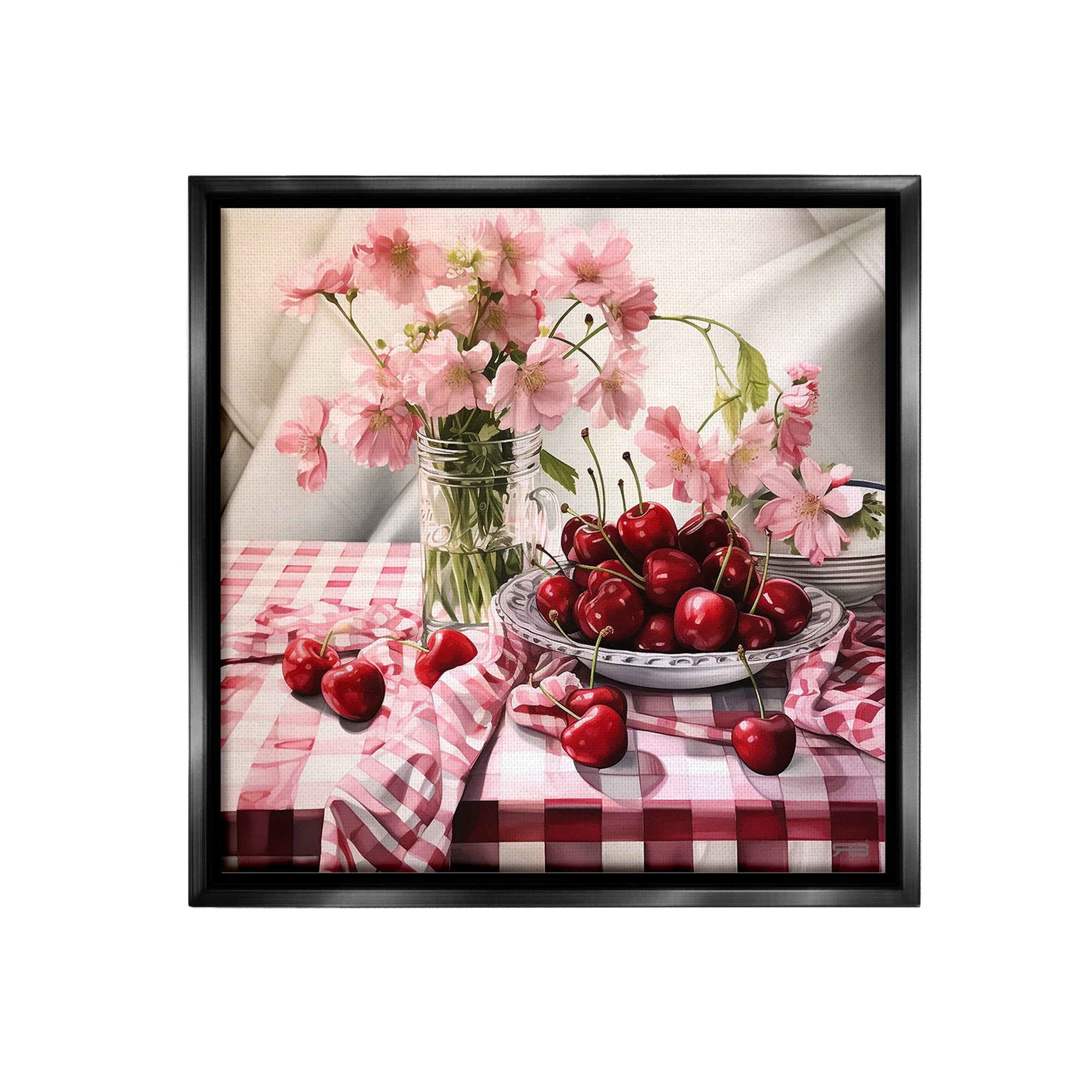 Stupell Industries Summer Cherries & Florals Food & Beverage Painting Black Floater Framed Canvas Art Print Wall Art, 25 x 25