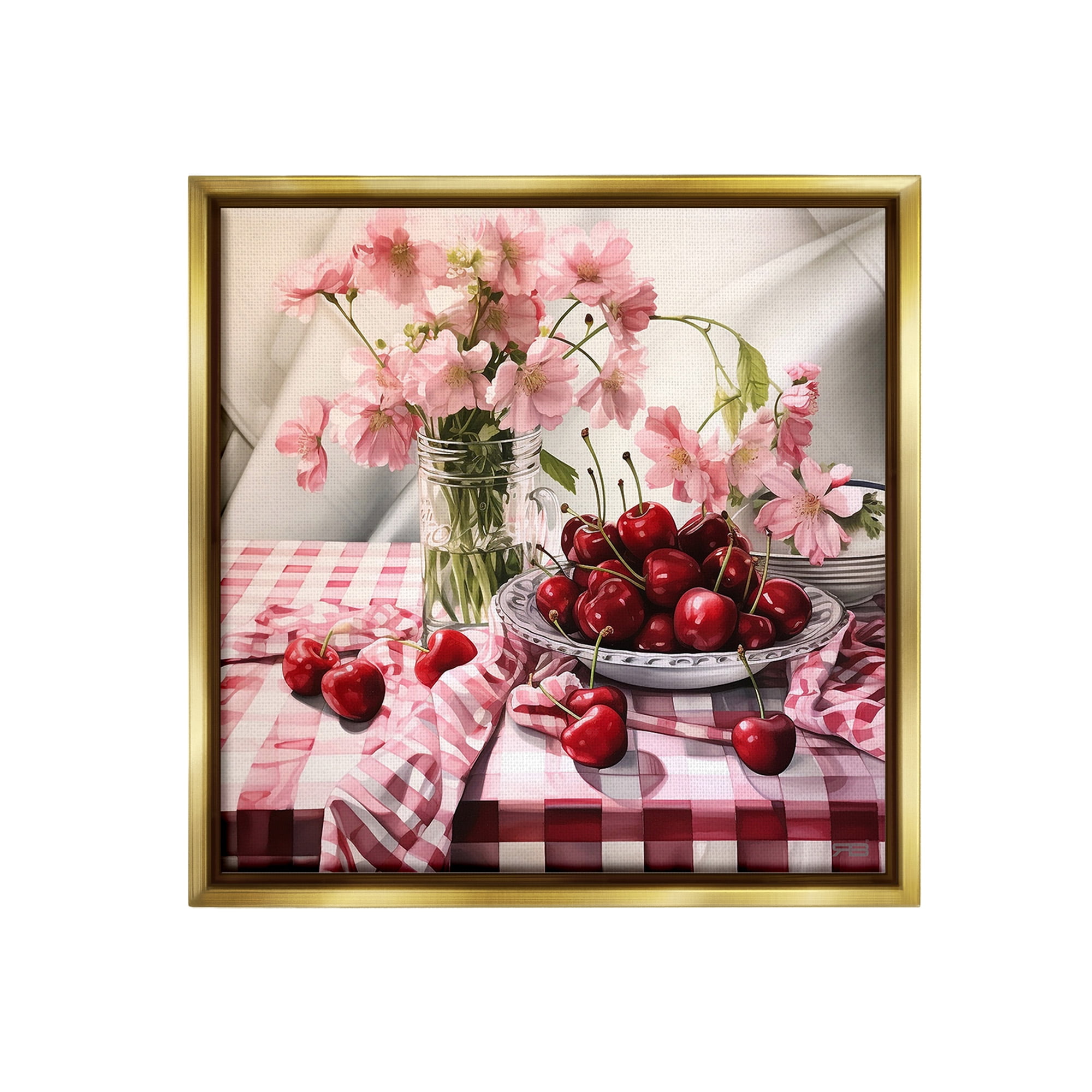 Stupell Industries Summer Cherries & Florals Food & Beverage Painting Gold Floater Framed Canvas Art Print Wall Art, 25 x 25