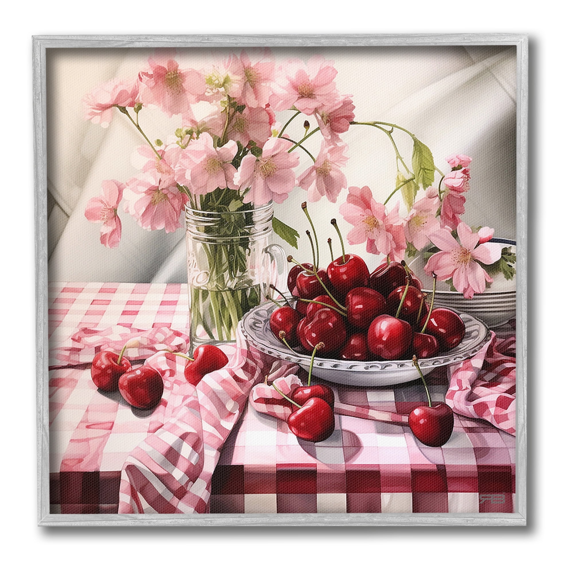 Stupell Industries Summer Cherries & Florals Food & Beverage Painting Gray Framed Art Print Wall Art, 12 x 12