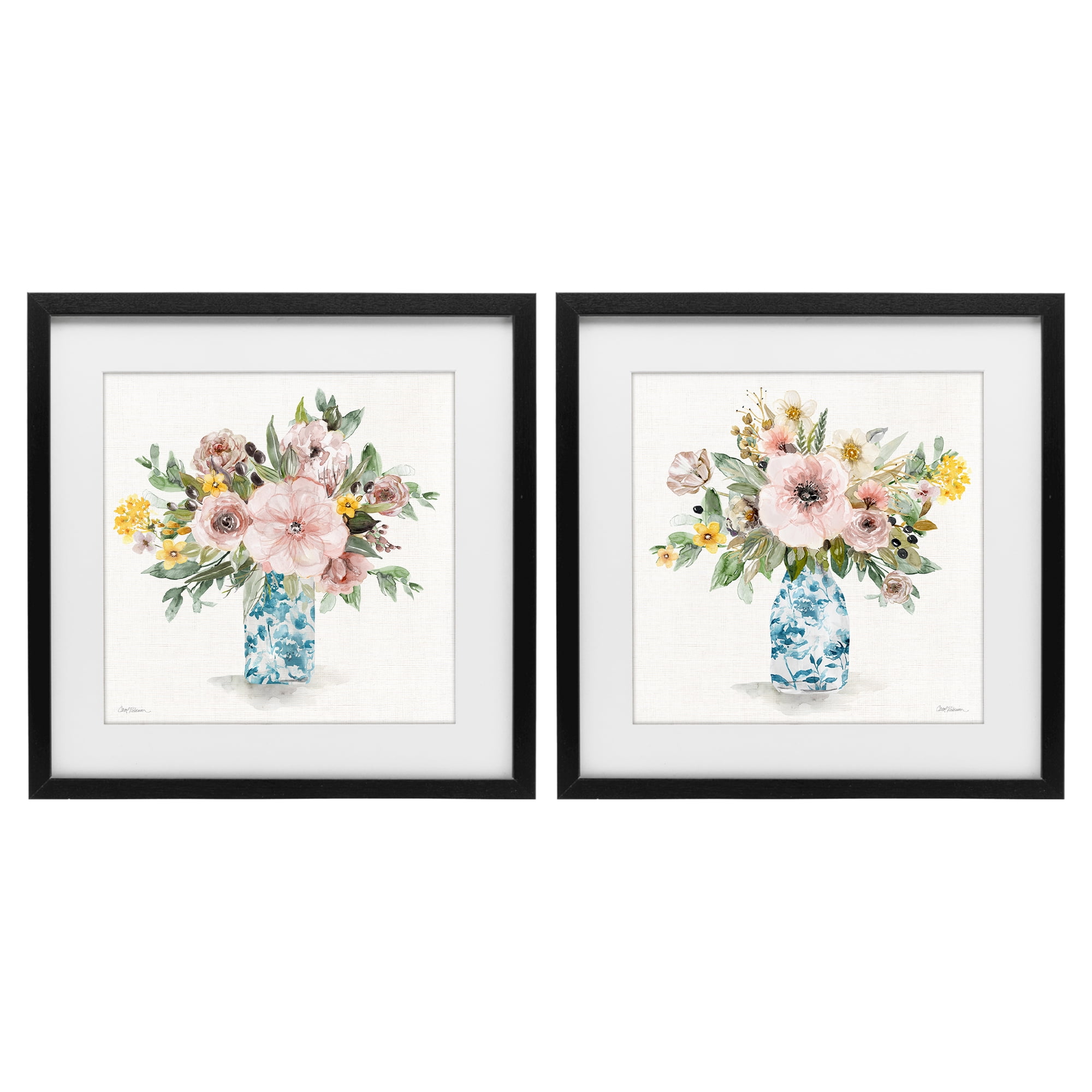Stupell Industries Summer Chinoiserie Flowers 2 Piece Black Framed Print Under Glass Set, design by Carol Robinson