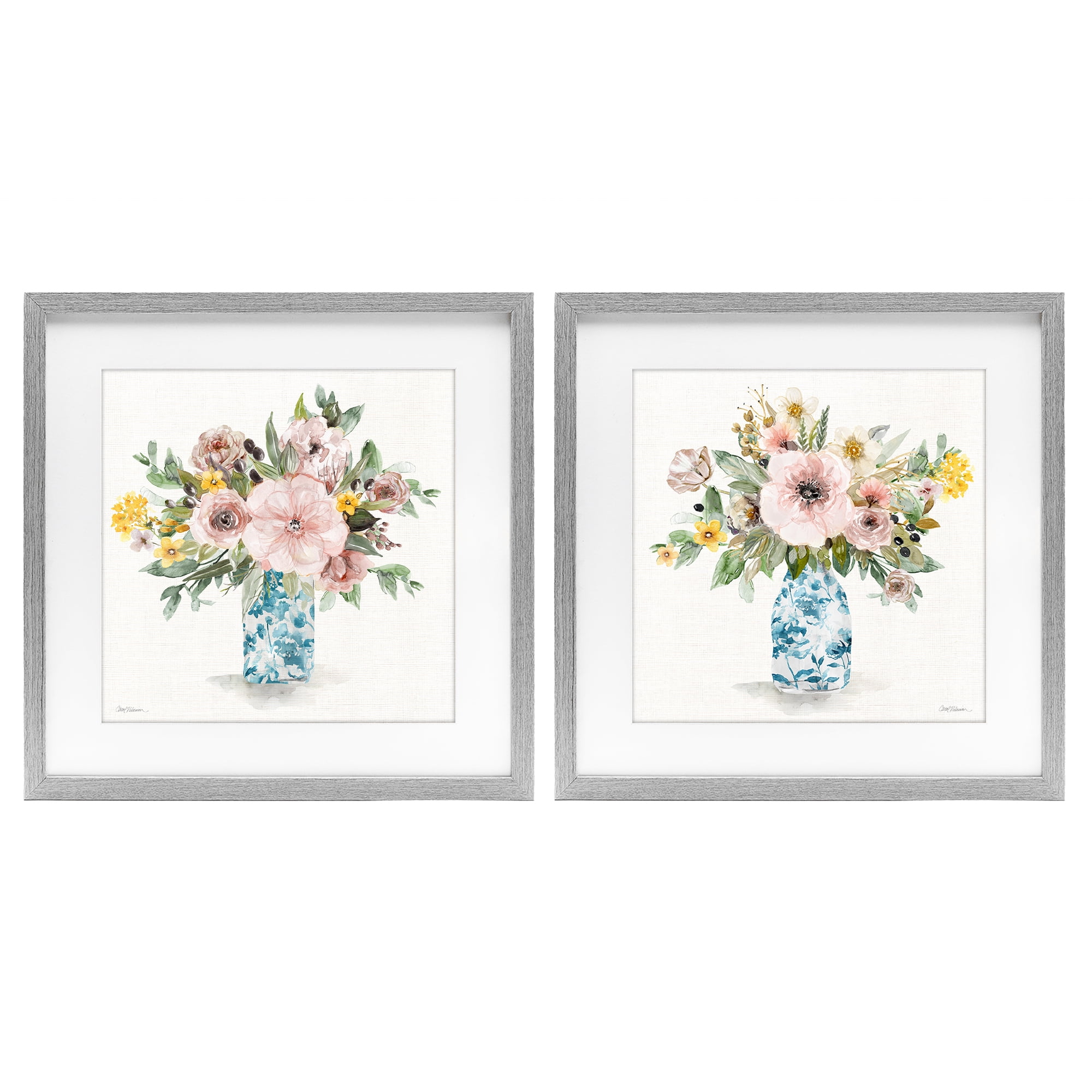 Stupell Industries Summer Chinoiserie Flowers 2 Piece Gray Framed Print Under Glass Set, design by Carol Robinson