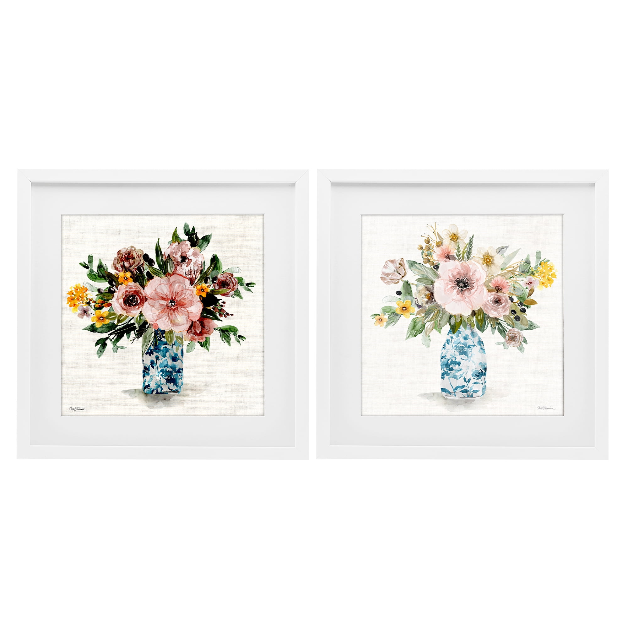 Stupell Industries Summer Chinoiserie Flowers 2 Piece White Framed Print Under Glass Set, design by Carol Robinson