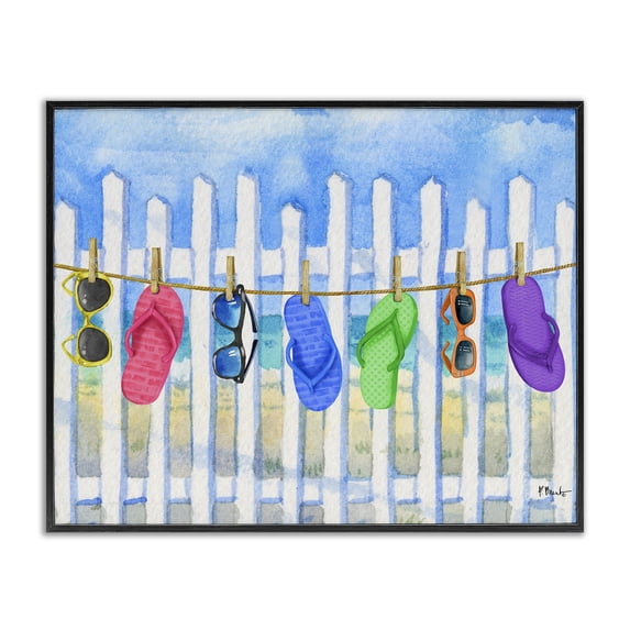 Stupell Industries Tropical Summer Clothesline with Flip Flops Black Framed Giclee Art, 20 x 16, by Paul Brent
