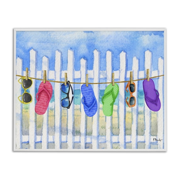 Stupell Industries Summer Clothesline with Flip Flops White Framed Giclee Art design by Paul Brent, 16 x 20