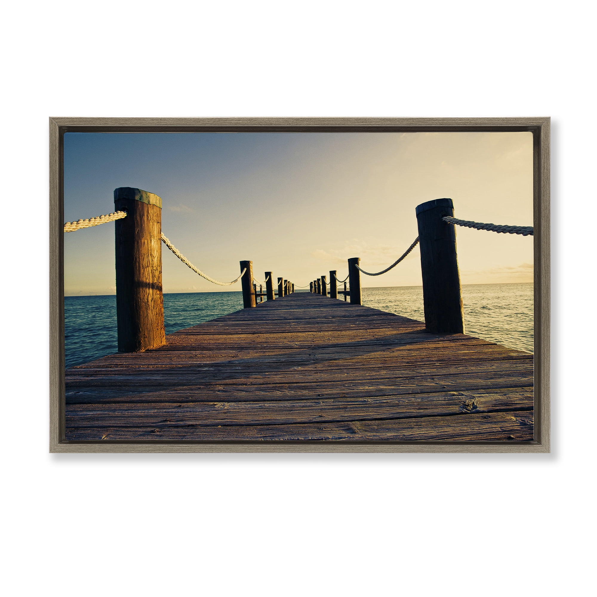 Stupell Industries Summer Coastal Dock Coastal Photography Brown Floater Framed Canvas Art Print Wall Art, 25 x 17