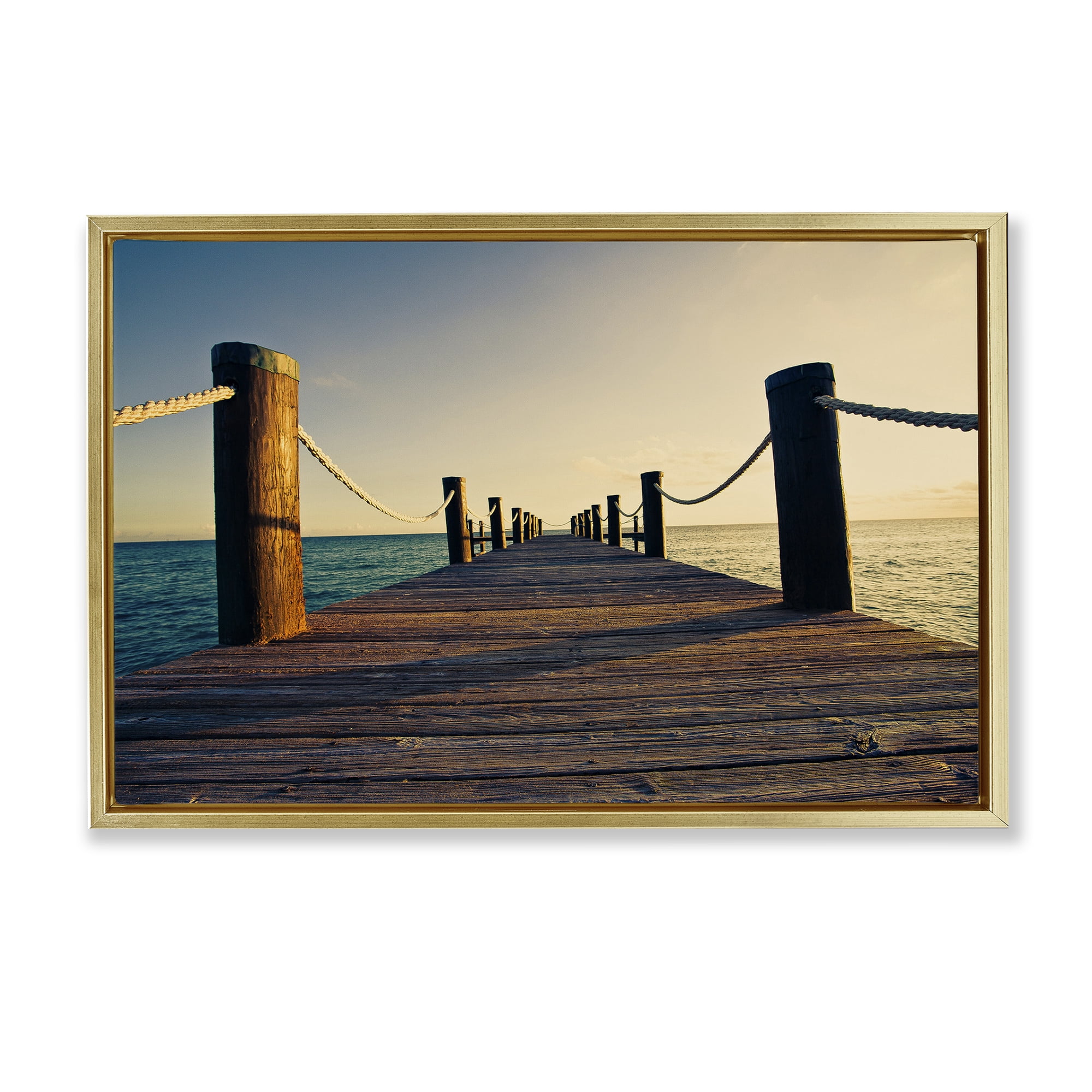 Stupell Industries Summer Coastal Dock Coastal Photography Gold Floater Framed Canvas Art Print Wall Art, 25 x 17