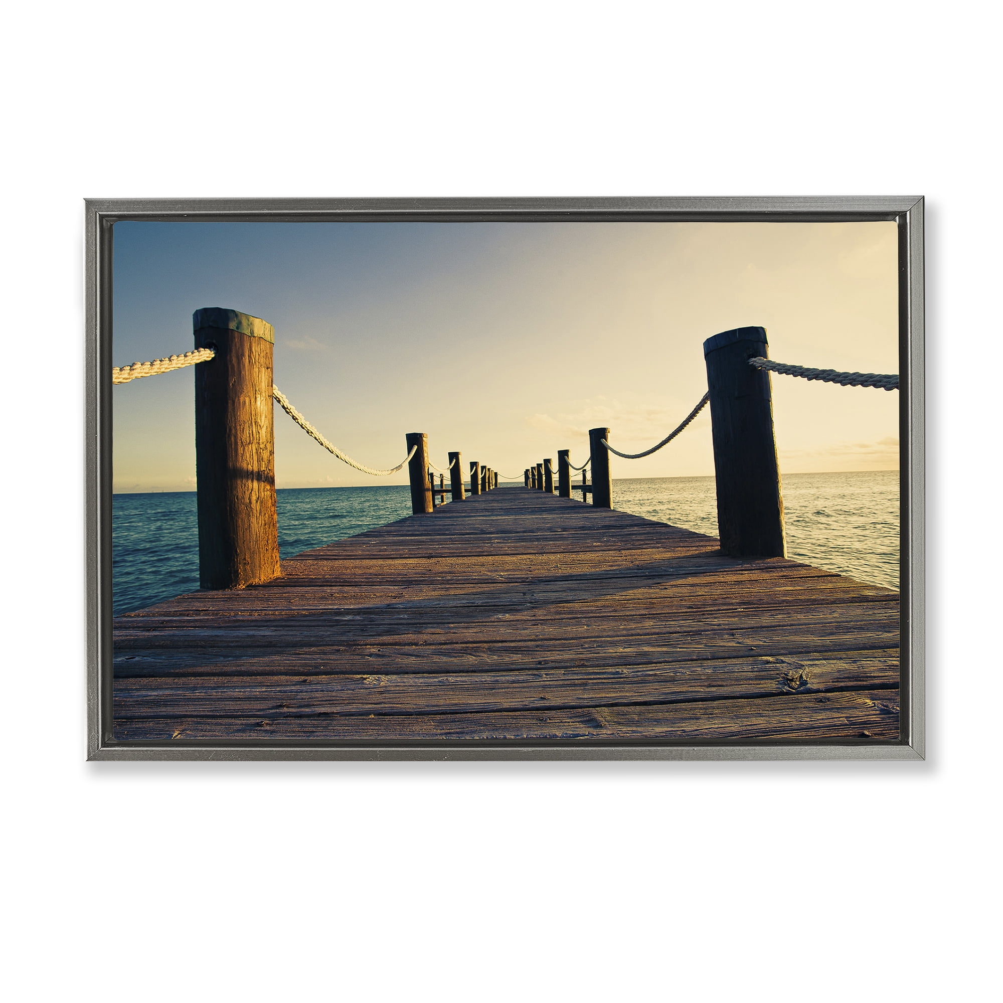 Stupell Industries Summer Coastal Dock Coastal Photography Gray Floater Framed Canvas Art Print Wall Art, 25 x 17