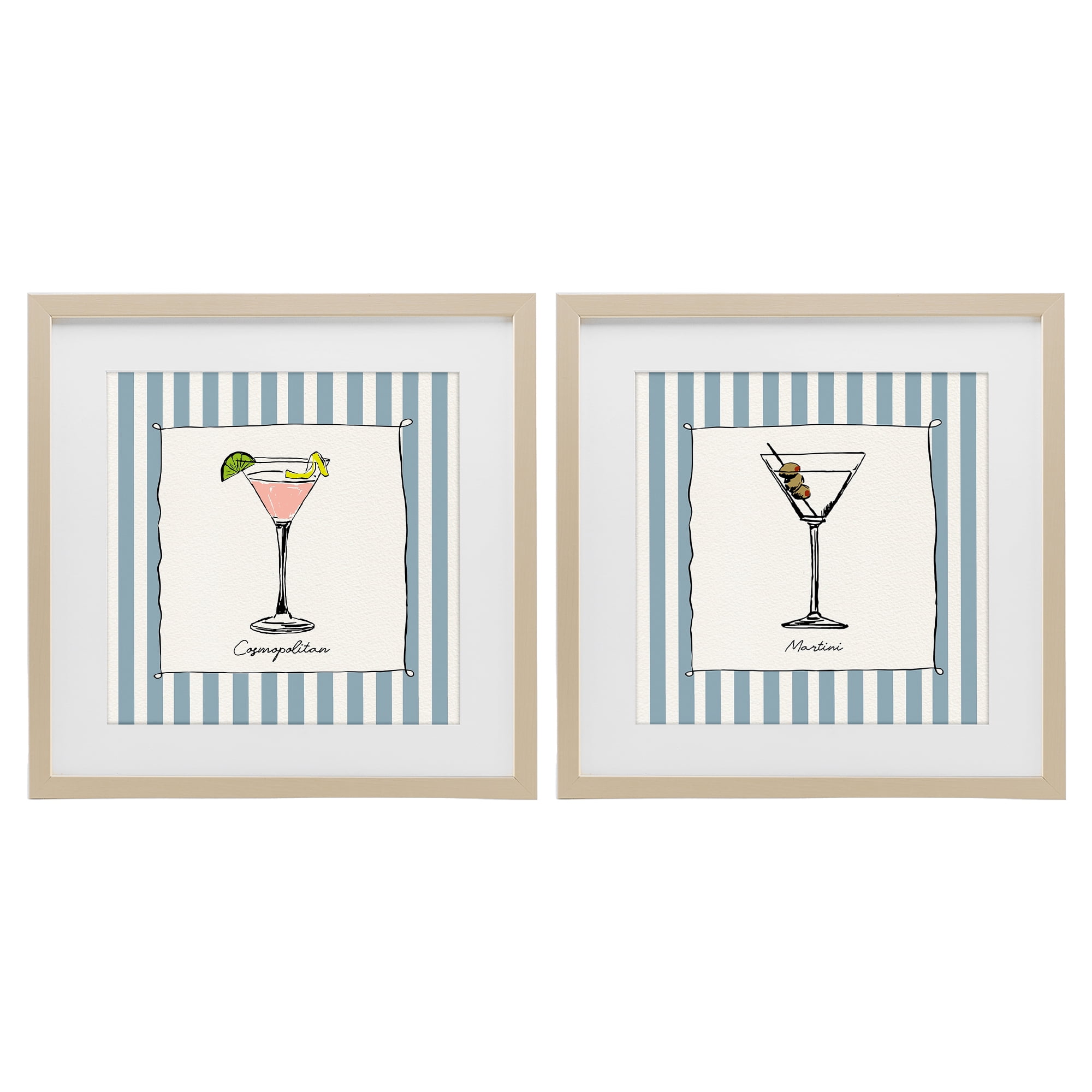 Stupell Industries Summer Drinks on Stripes 2 Piece Birch Framed Print Under Glass Set, design by Susan Jill