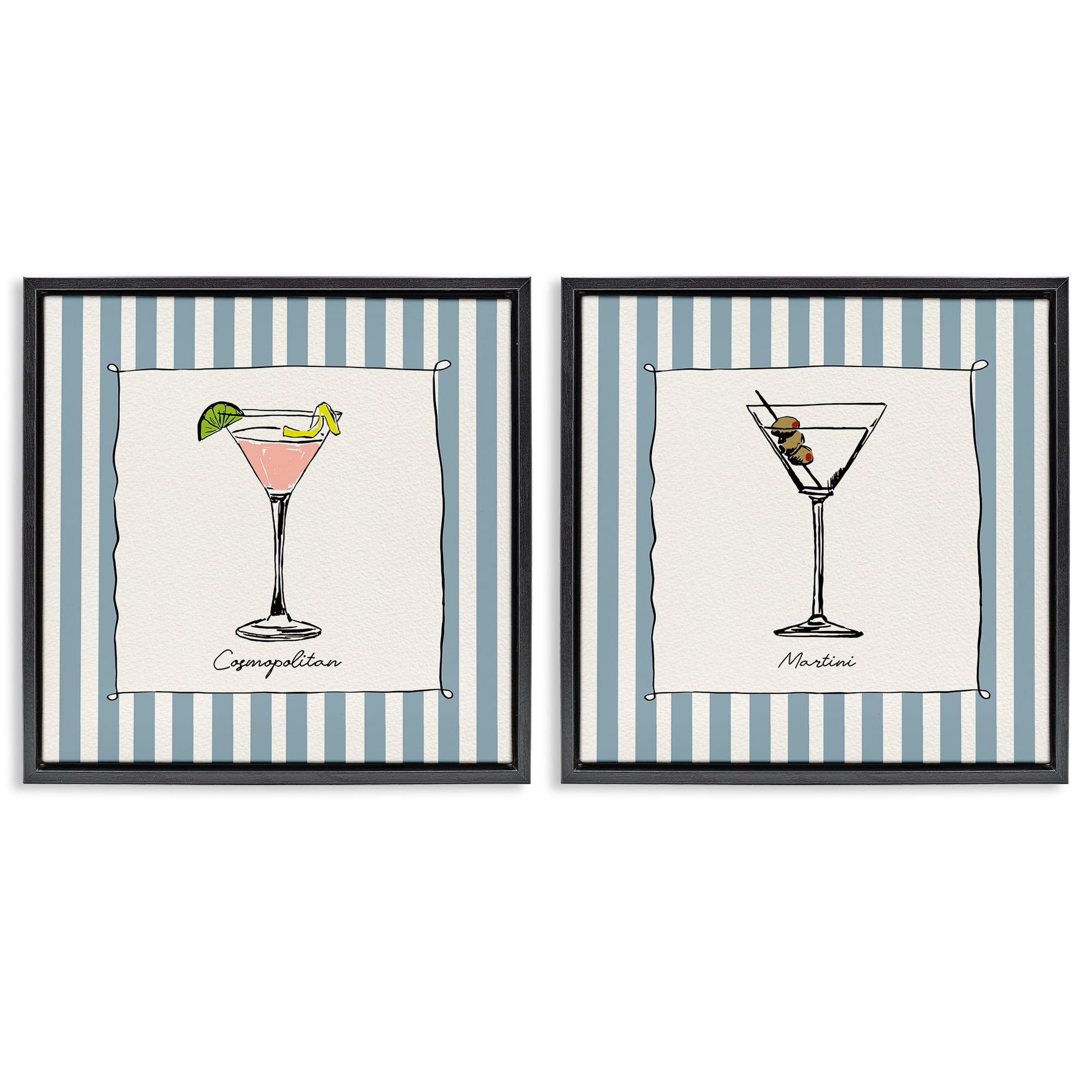 Stupell Industries Summer Drinks on Stripes 2 Piece Black Framed Floater Canvas Set, design by Susan Jill