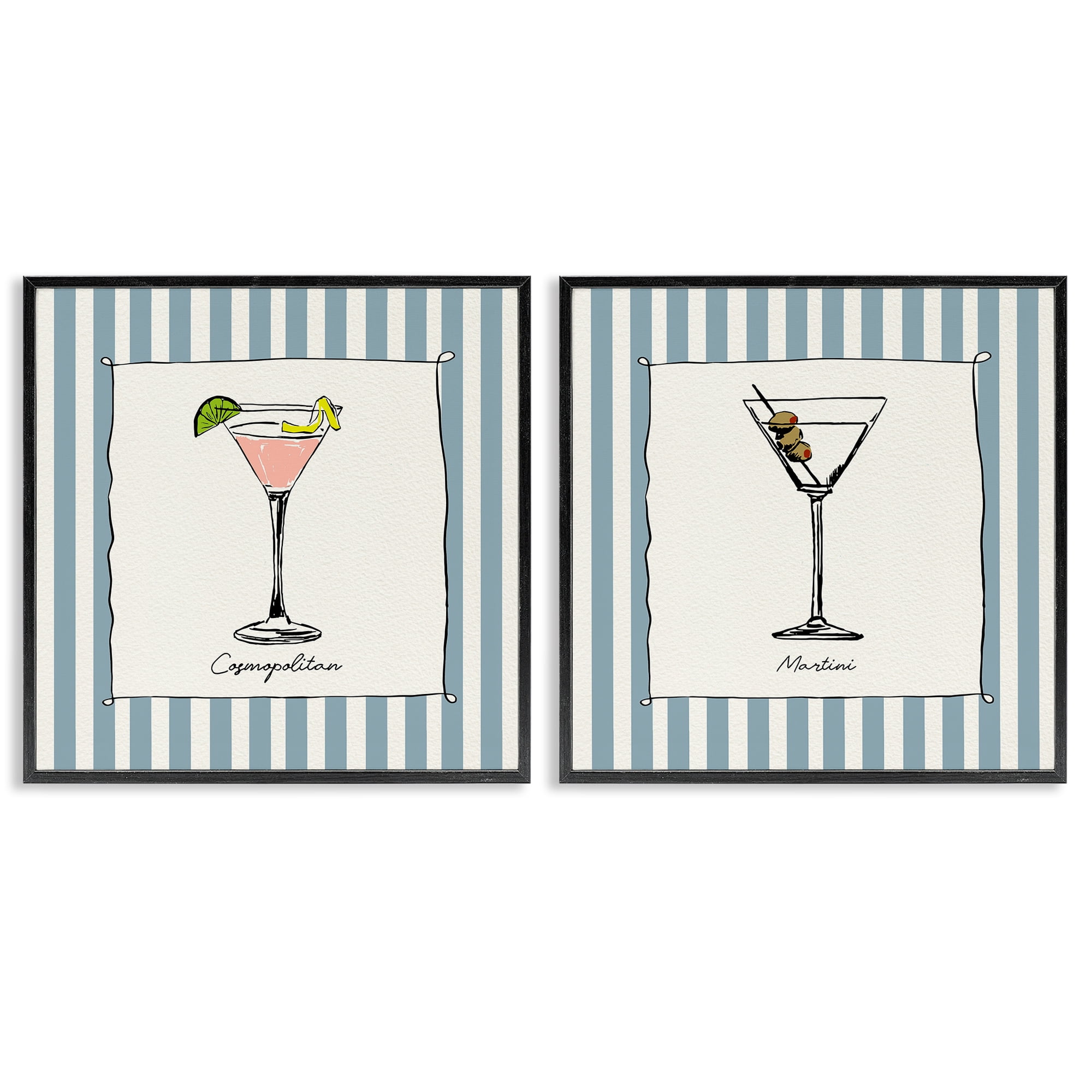 Stupell Industries Summer Drinks on Stripes 2 Piece Black Framed Giclee Art Set, design by Susan Jill
