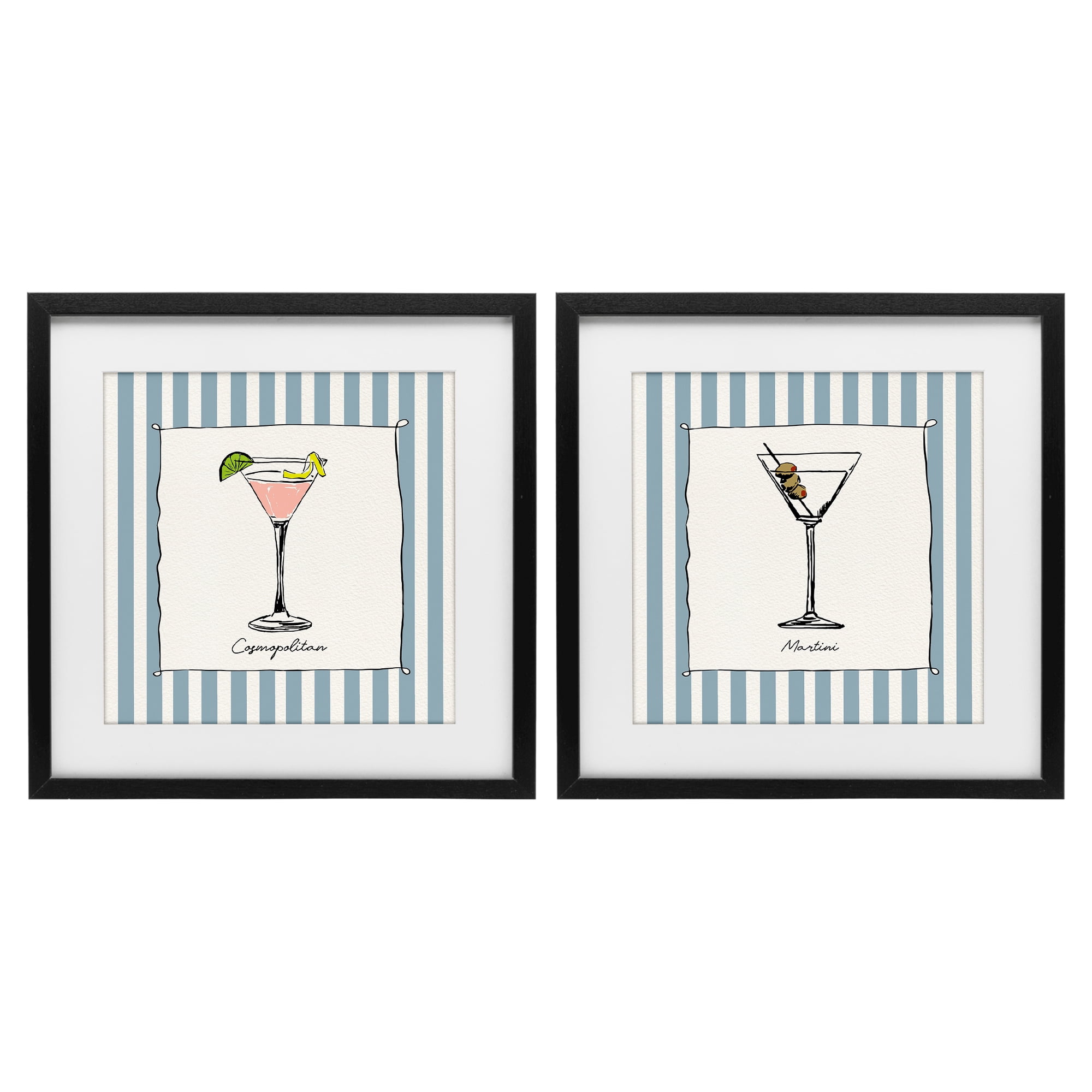 Stupell Industries Summer Drinks on Stripes 2 Piece Black Framed Print Under Glass Set, design by Susan Jill