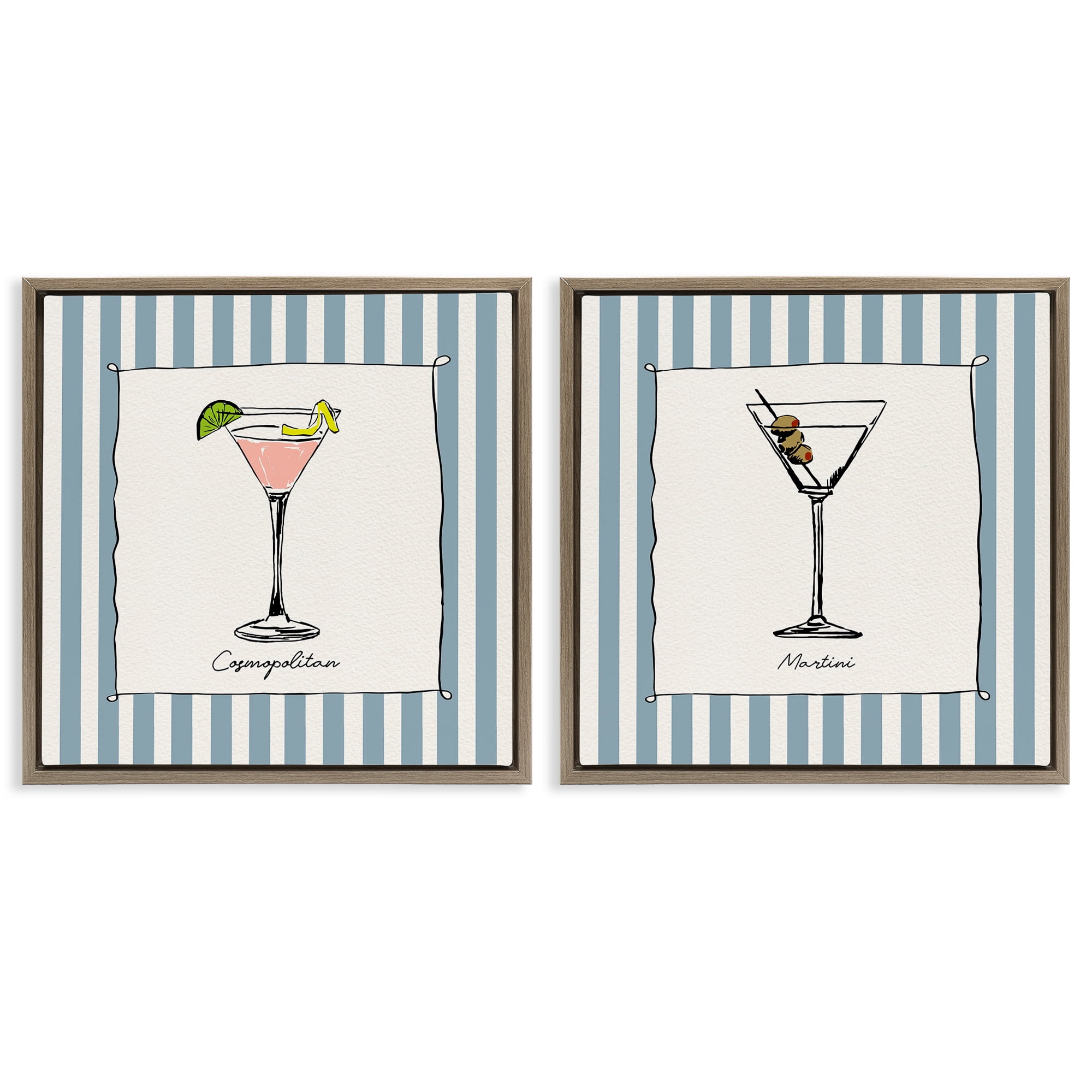 Stupell Industries Summer Drinks on Stripes 2 Piece Brown Framed Floater Canvas Set, design by Susan Jill