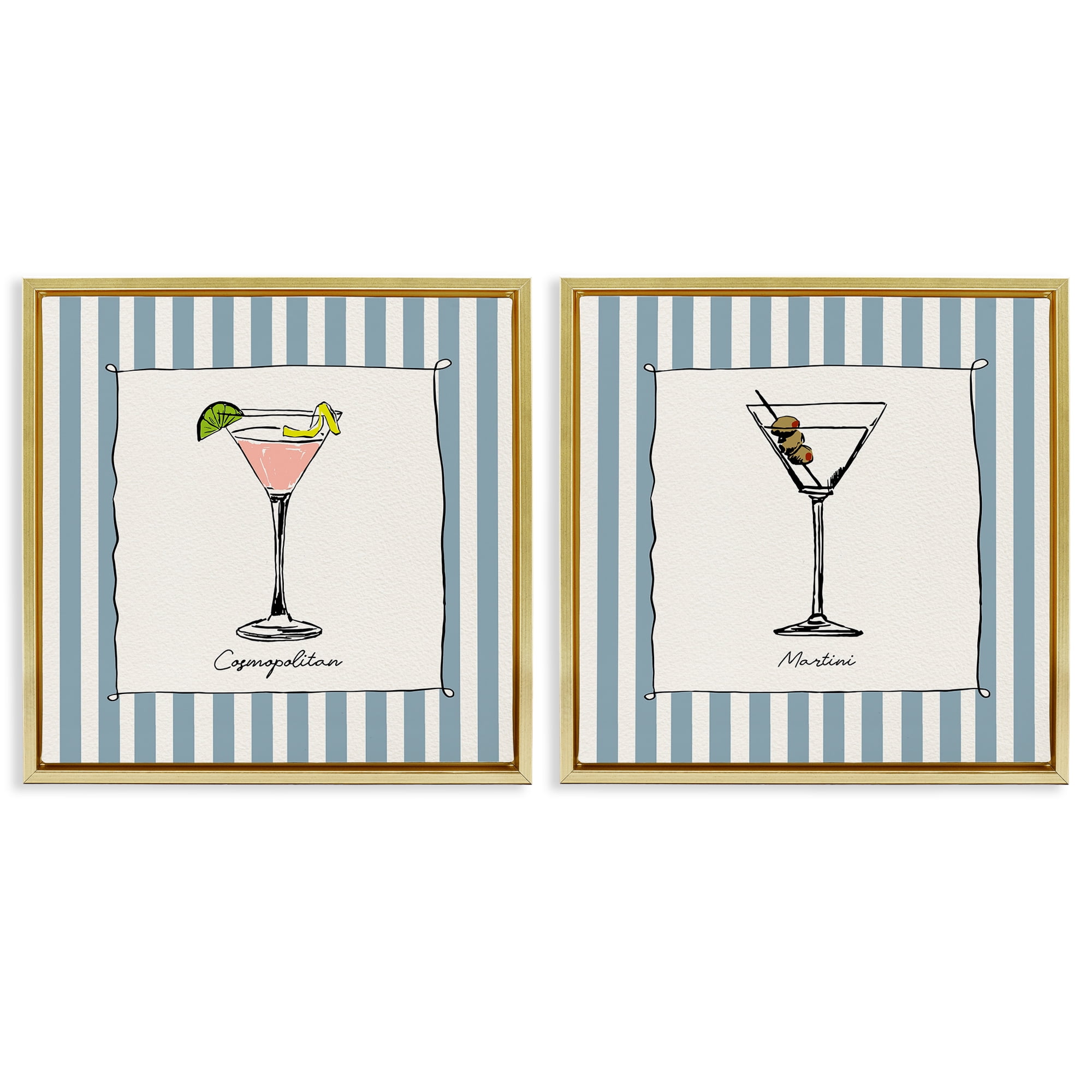 Stupell Industries Summer Drinks on Stripes 2 Piece Gold Framed Floater Canvas Set, design by Susan Jill