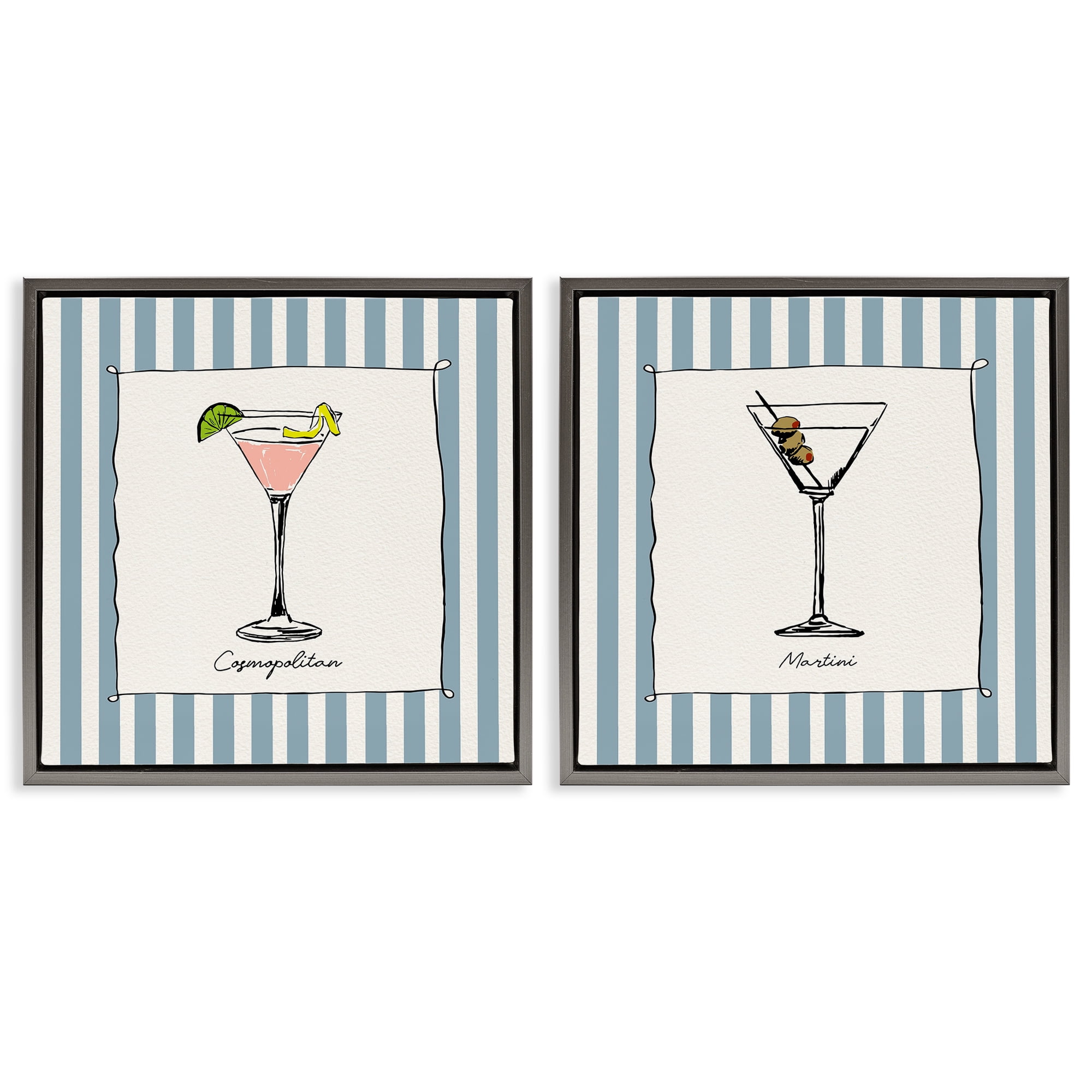 Stupell Industries Summer Drinks on Stripes 2 Piece Gray Framed Floater Canvas Set, design by Susan Jill