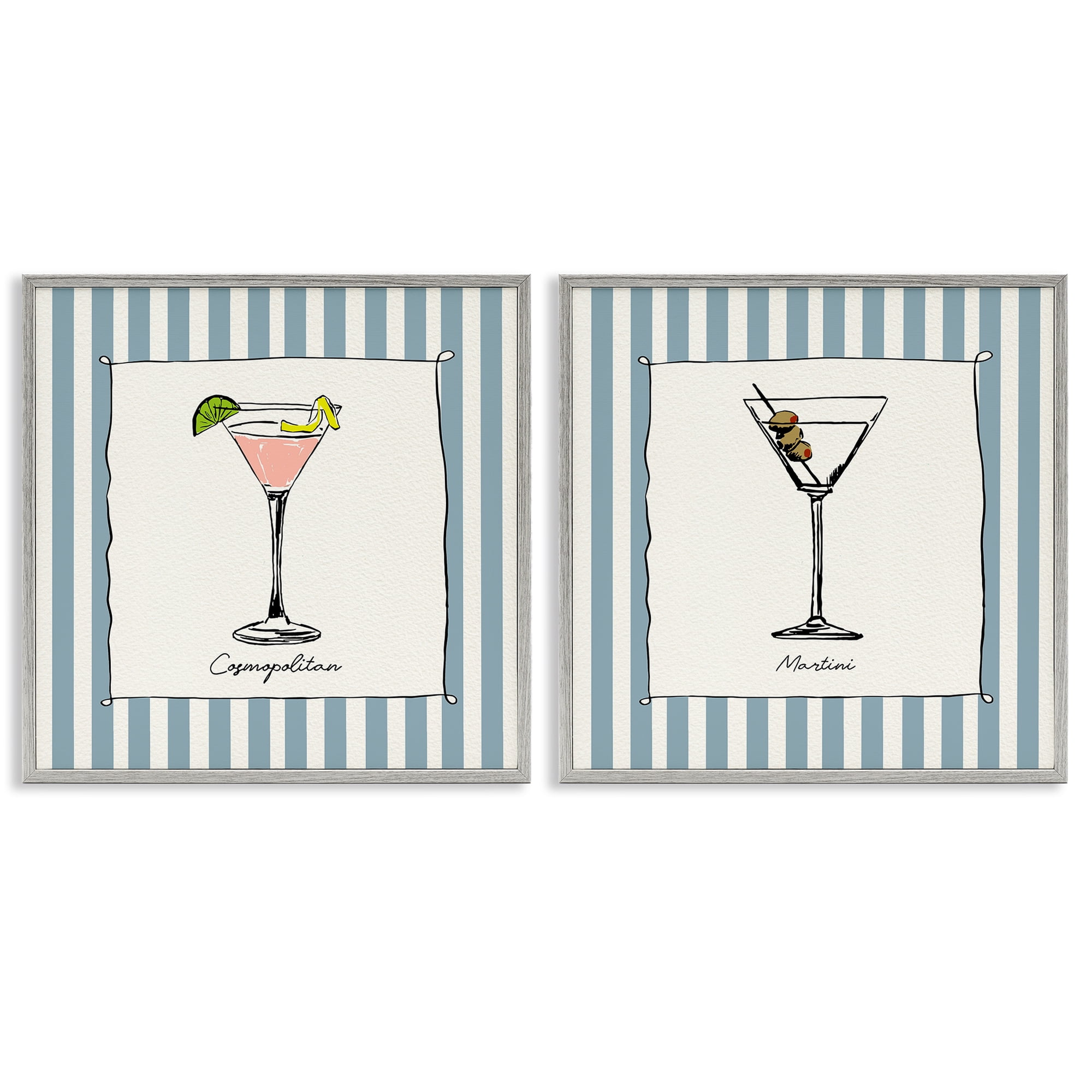 Stupell Industries Summer Drinks on Stripes 2 Piece Gray Framed Giclee Art Set, design by Susan Jill