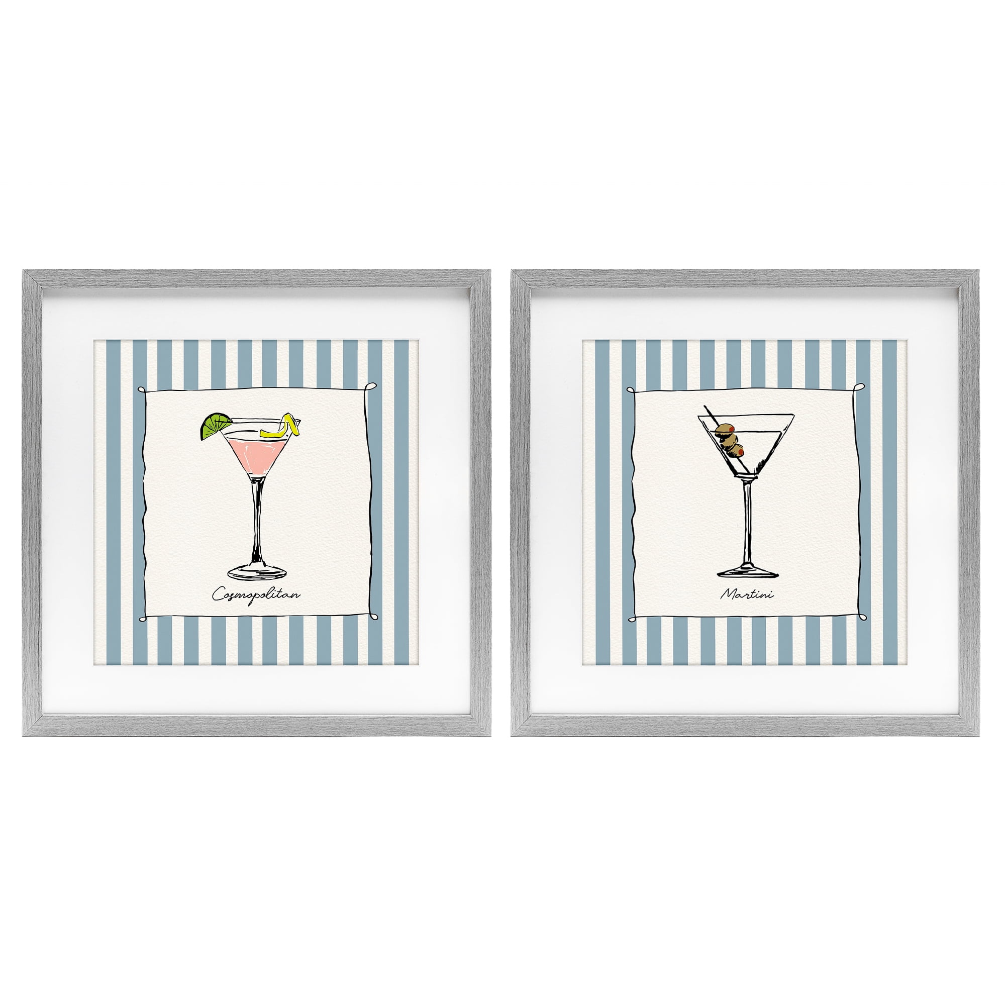 Stupell Industries Summer Drinks on Stripes 2 Piece Gray Framed Print Under Glass Set, design by Susan Jill