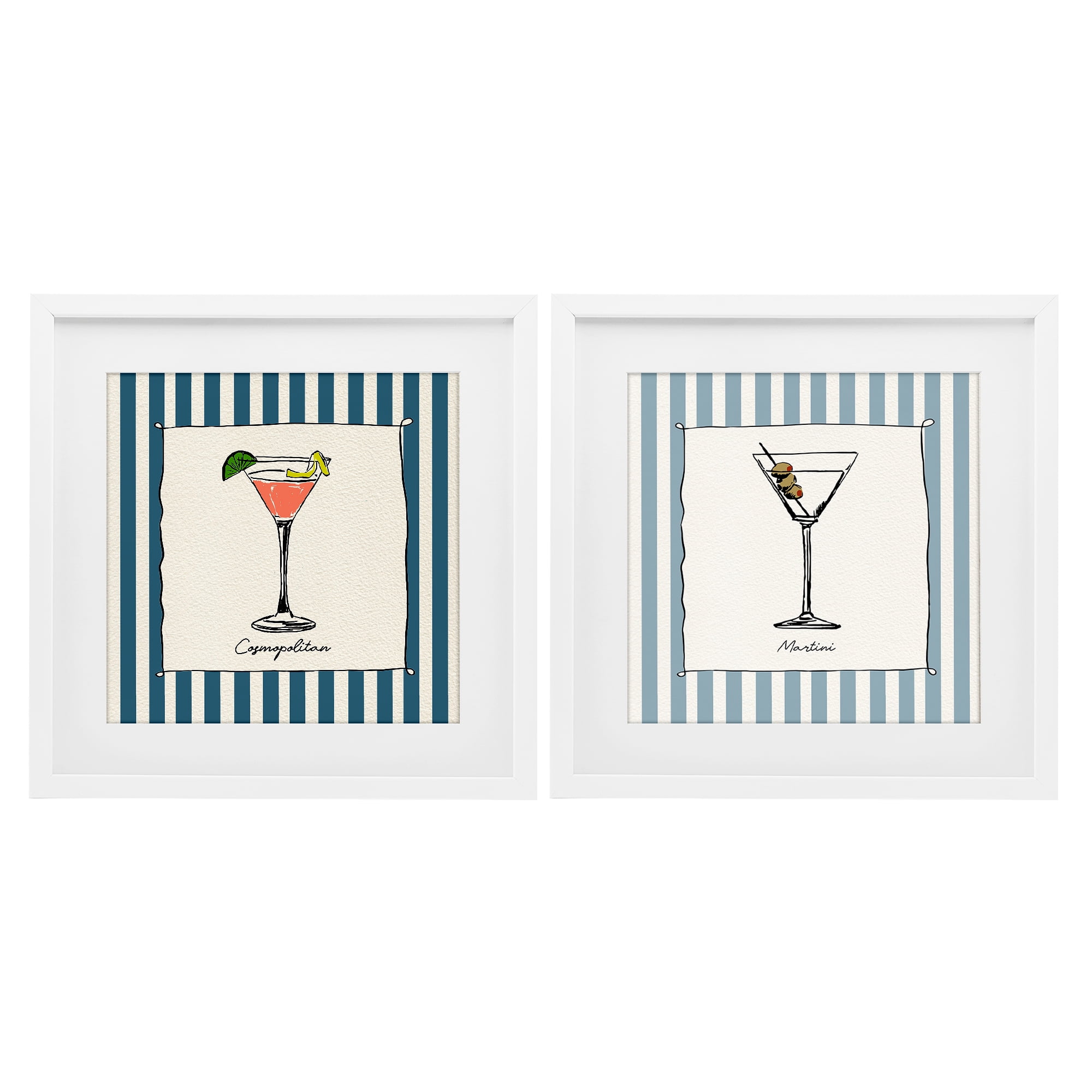 Stupell Industries Summer Drinks on Stripes 2 Piece White Framed Print Under Glass Set, design by Susan Jill