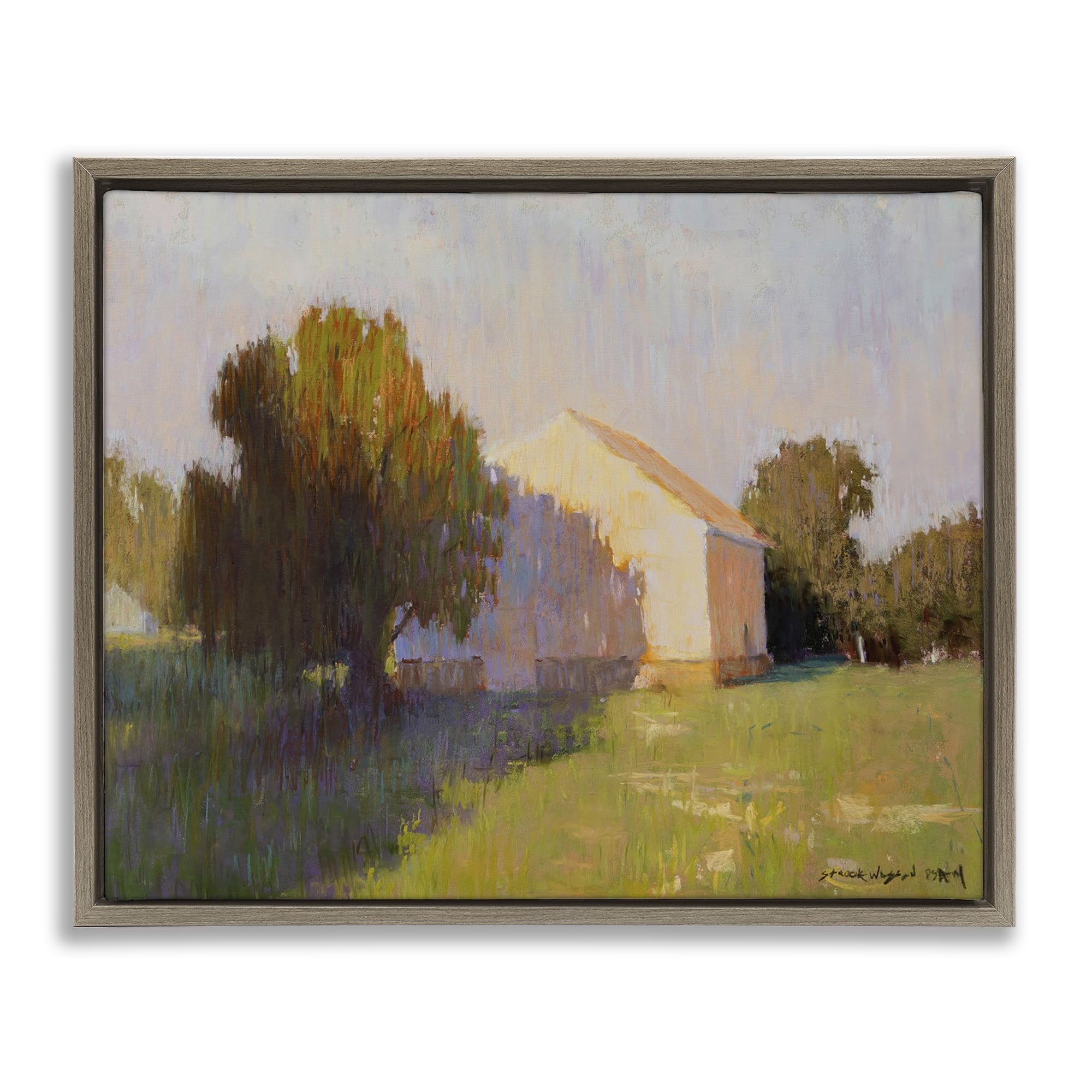 Stupell Industries Summer Farm View Landscape Painting Brown Floater Framed Art Print Wall Art, 31 x 25
