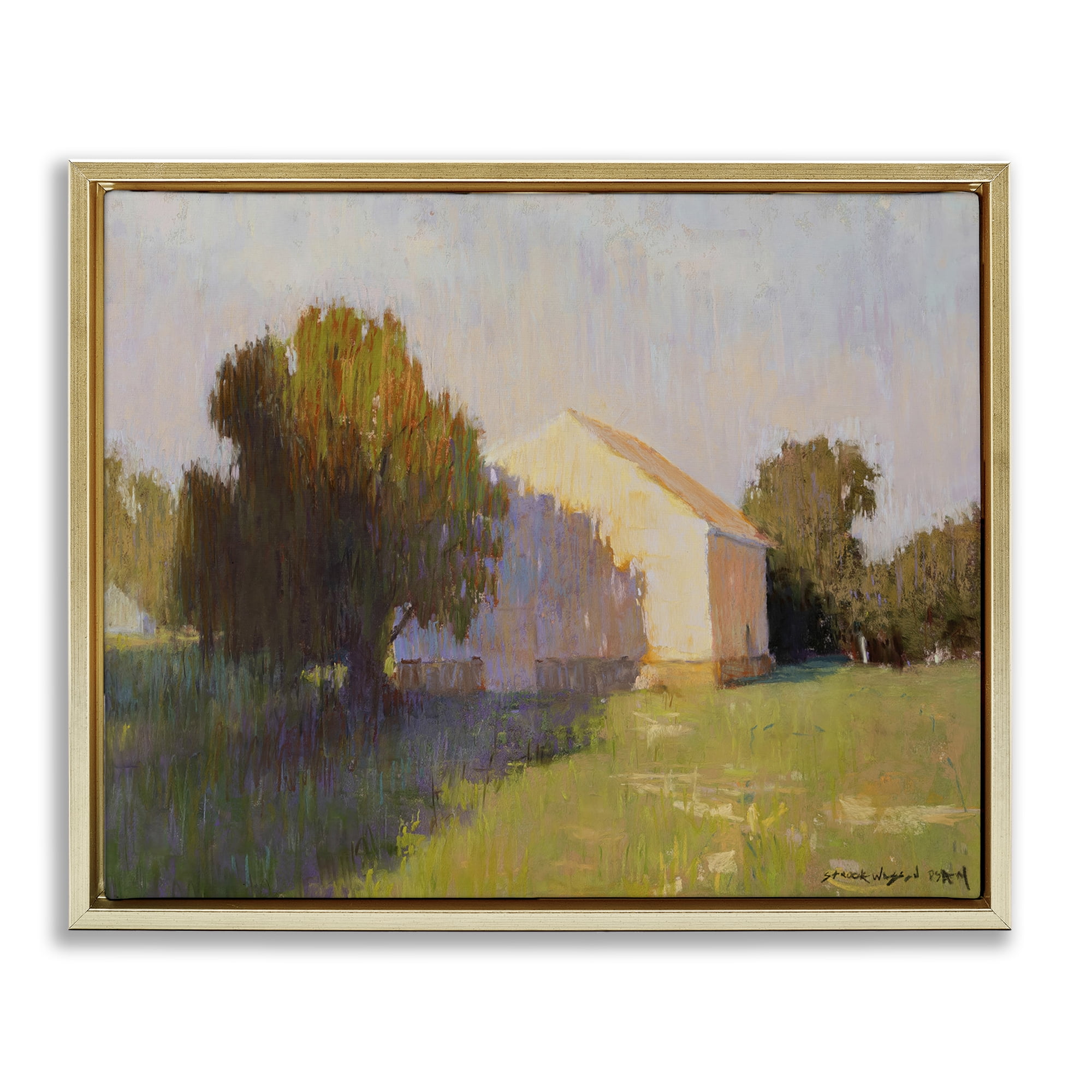 Stupell Industries Summer Farm View Landscape Painting Gold Floater Framed Art Print Wall Art, 21 x 17