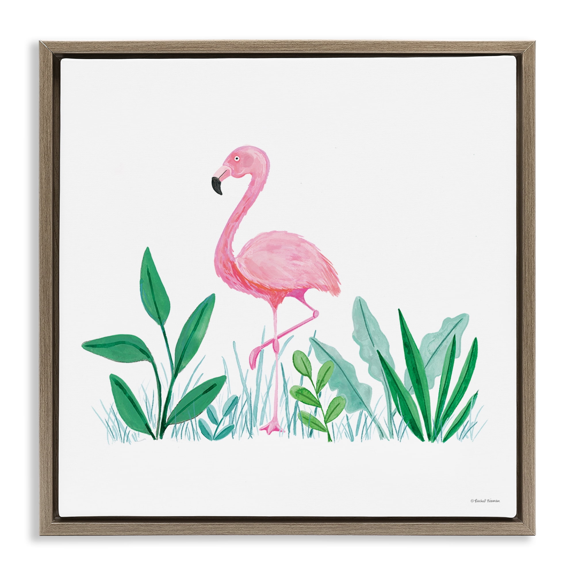 Stupell Industries Summer Flamingo & Fronds Animals Painting Brown Floater Framed Canvas Art Print Wall Art, 25 x 25
