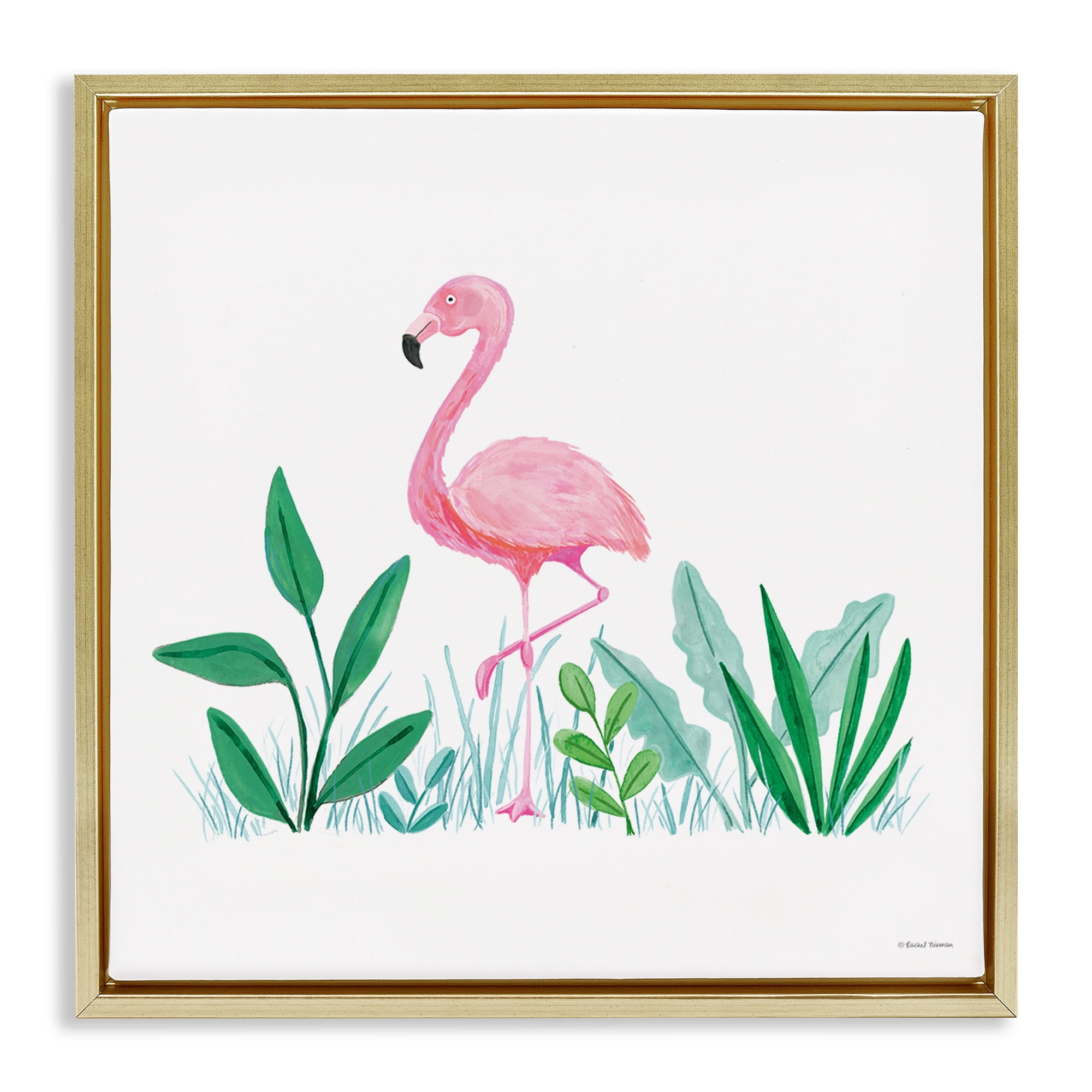 Stupell Industries Summer Flamingo & Fronds Animals Painting Gold Floater Framed Canvas Art Print Wall Art, 18 x 18