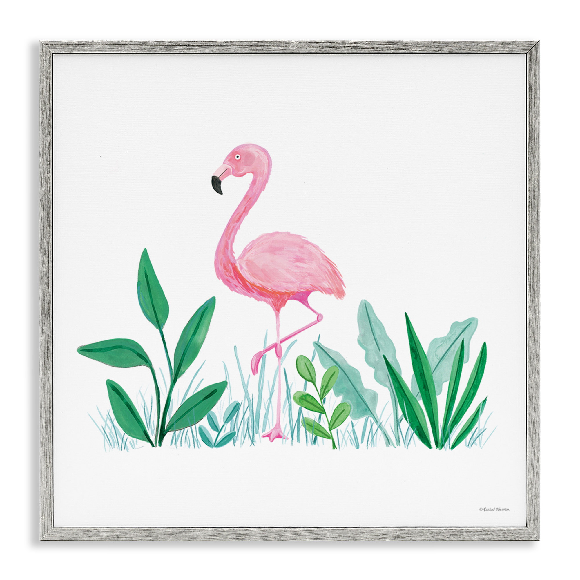 Stupell Industries Summer Flamingo & Fronds Animals Painting Gray Framed Art Print Wall Art, 24 x 24