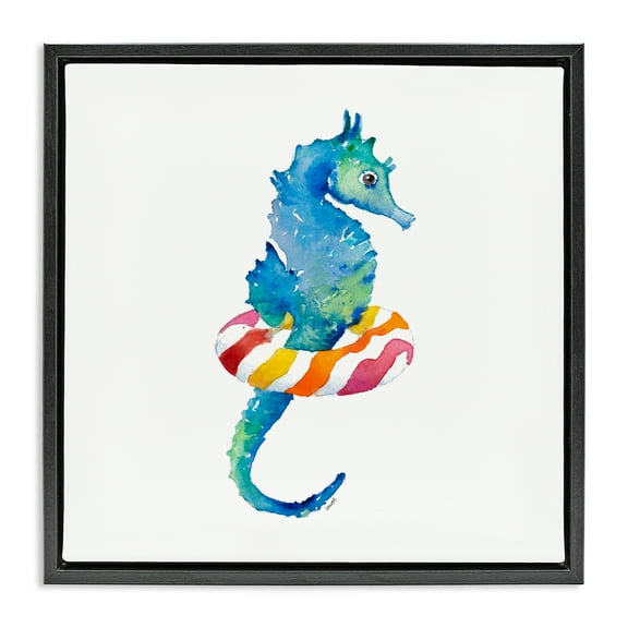 Stupell Industries Summer Float Seahorse Novelty Painting Black Floater Framed Canvas Art Print Wall Art, 18 x 18