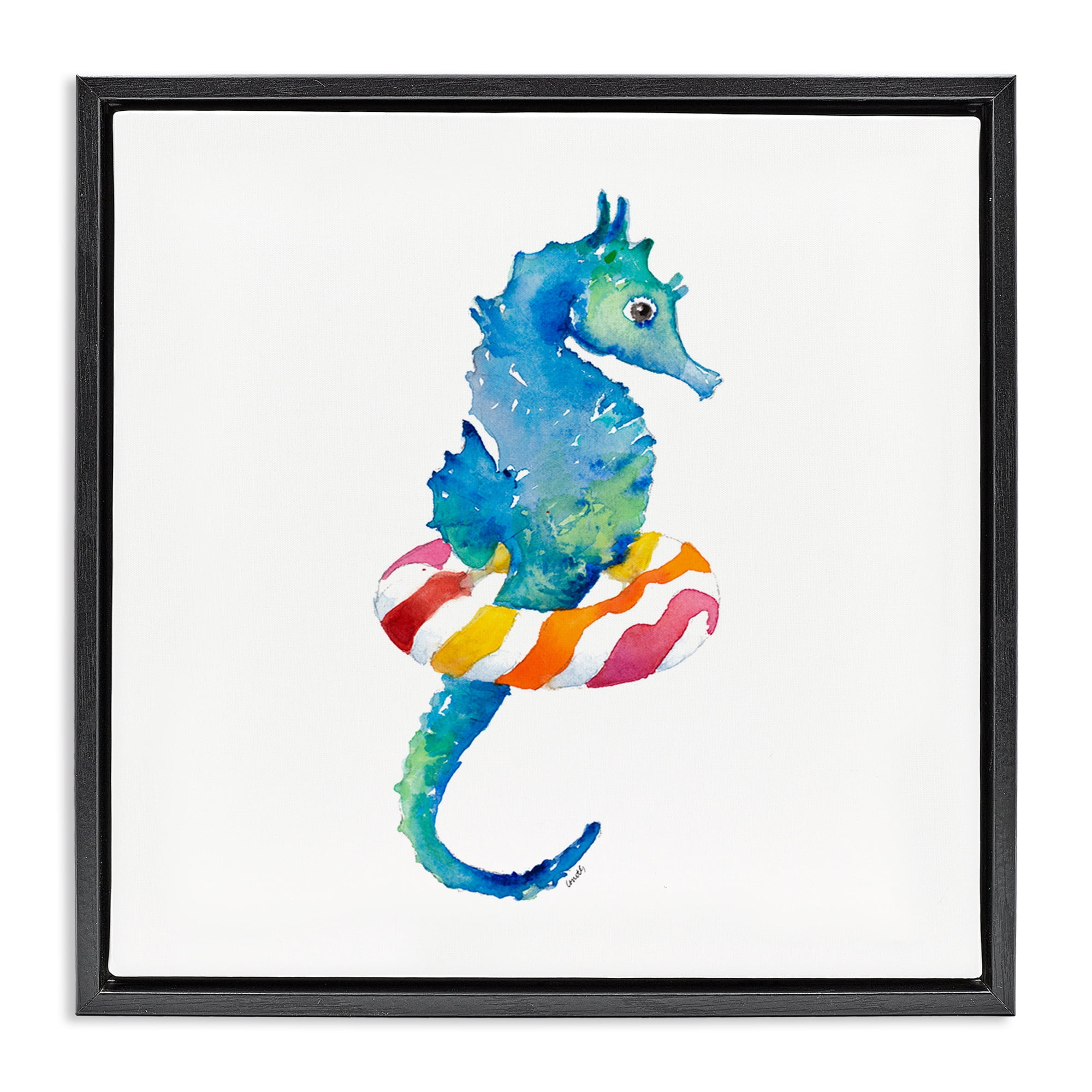 Stupell Industries Summer Float Seahorse Novelty Painting Black Floater Framed Canvas Art Print Wall Art, 25 x 25