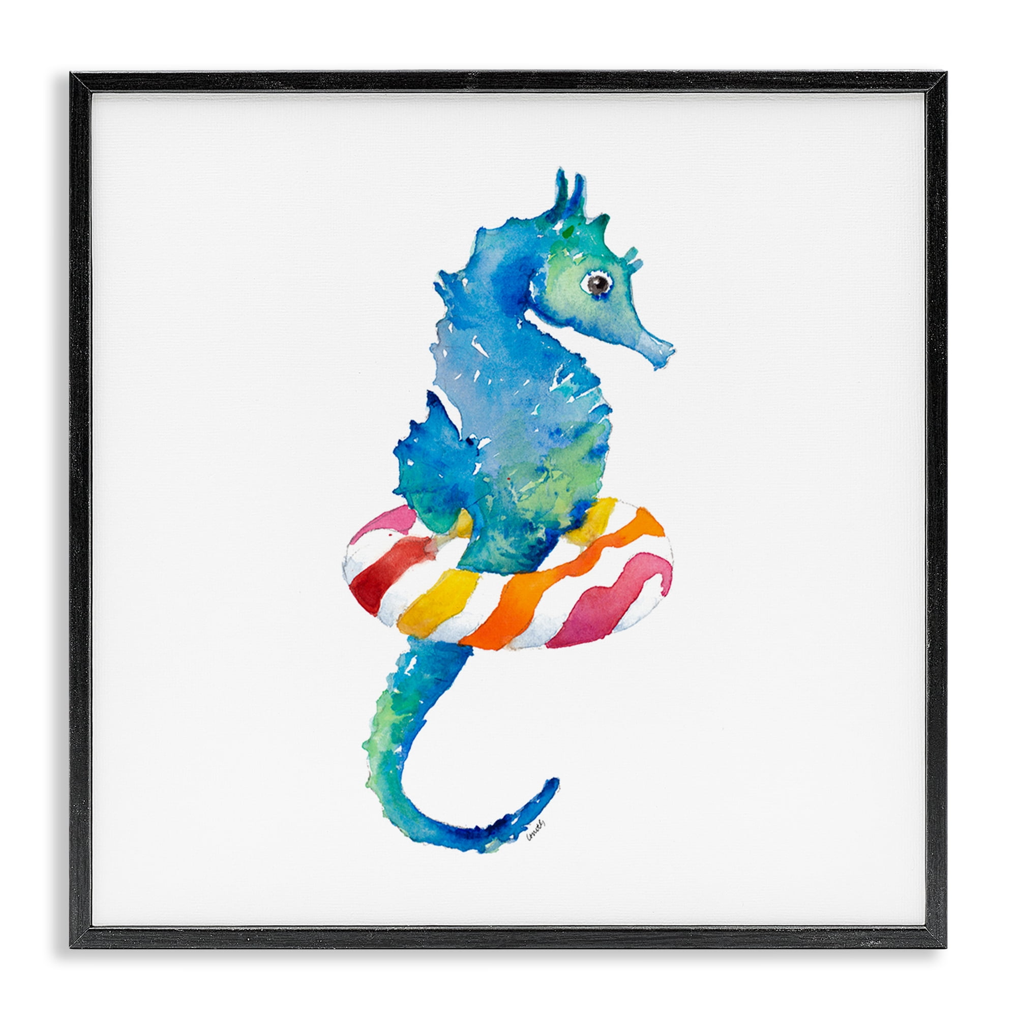 Stupell Industries Summer Float Seahorse Novelty Painting Black Framed Art Print Wall Art, 24 x 24