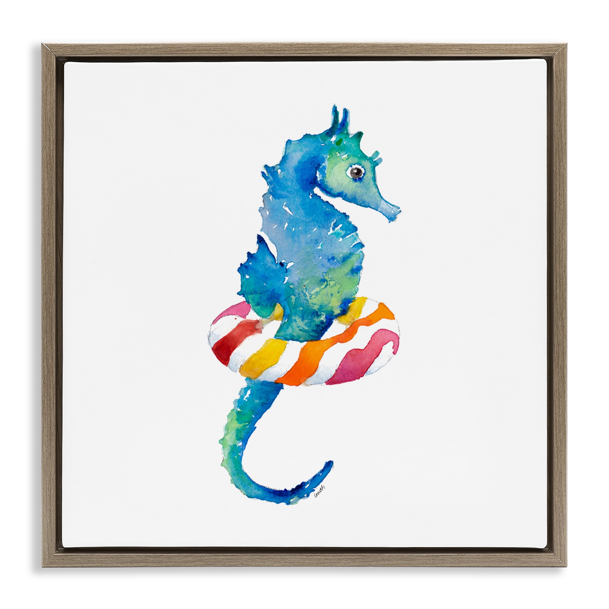 Stupell Industries Summer Float Seahorse Novelty Painting Brown Floater Framed Canvas Art Print Wall Art, 18 x 18