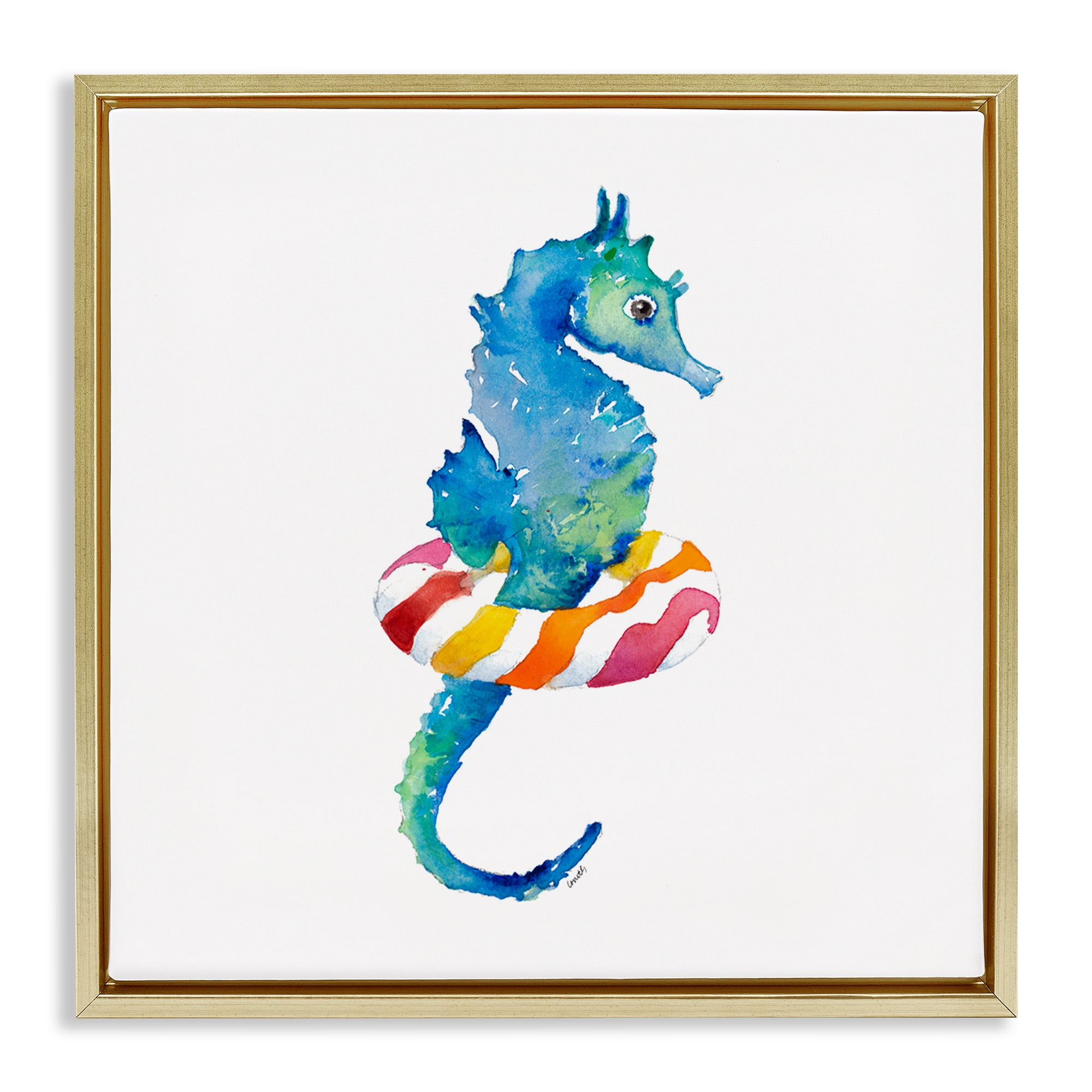 Stupell Industries Summer Float Seahorse Novelty Painting Gold Floater Framed Canvas Art Print Wall Art, 25 x 25