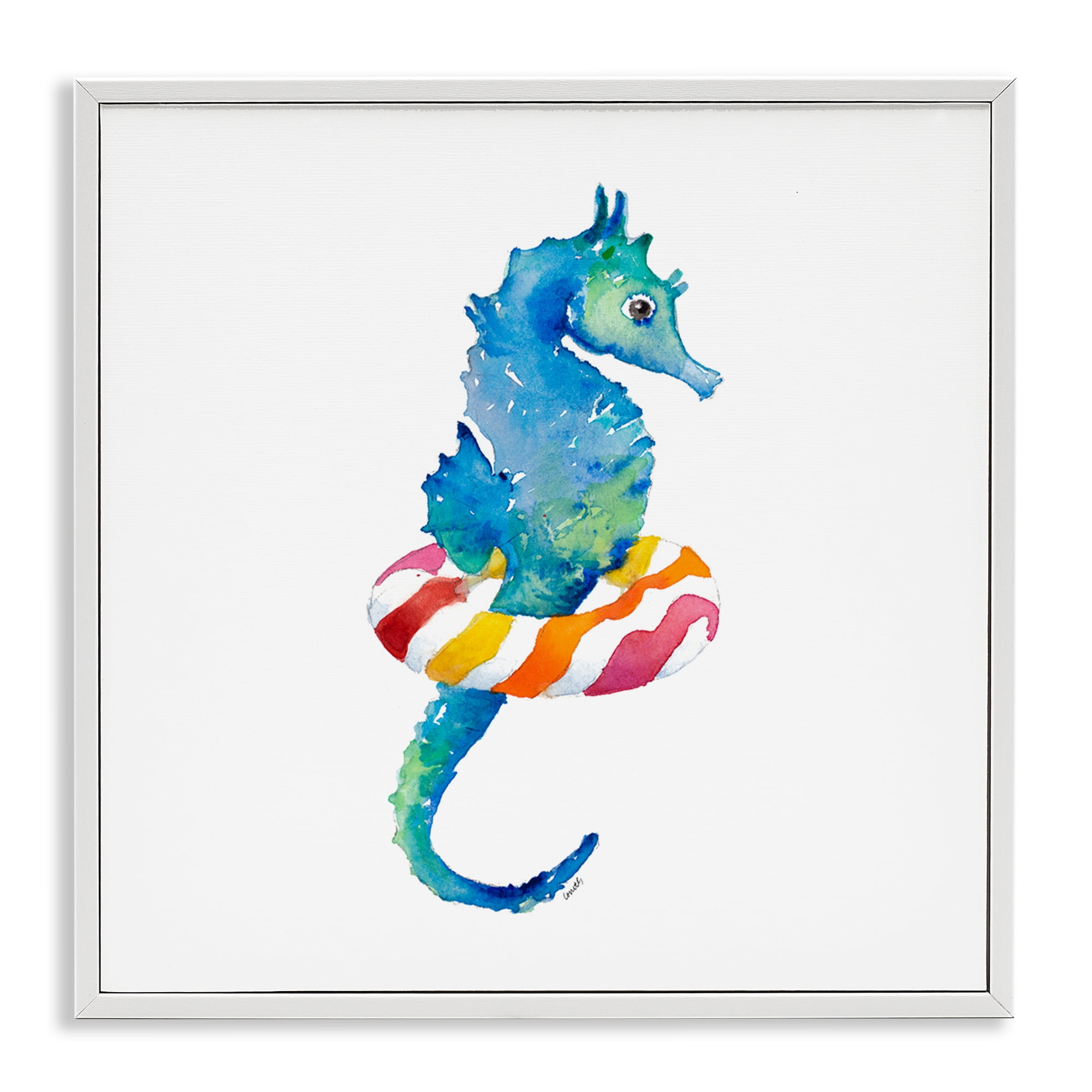 Stupell Industries Summer Float Seahorse Novelty Painting White Framed Art Print Wall Art, 24 x 24
